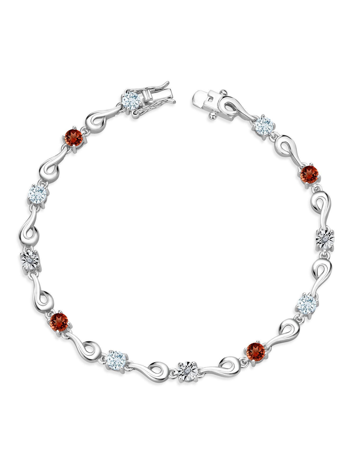 Gem Stone King 925 Sterling Silver Sky Blue Aquamarine and Red Garnet and White Lab Grown Diamond Bracelet For Women (2.75 Cttw, Gemstone March Birthstone, Round 4MM, 7 inch)