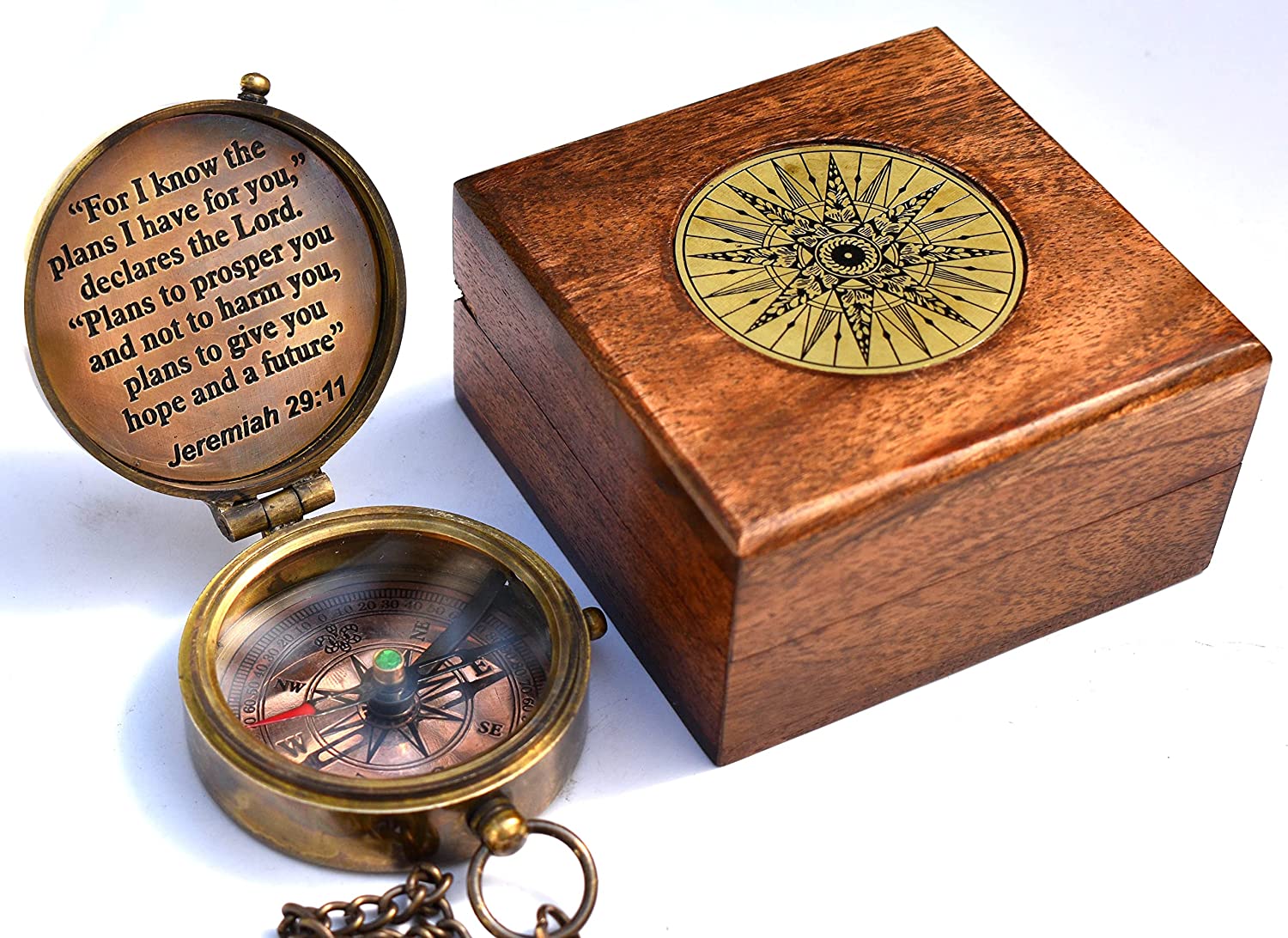 2023 Solid Brass Directional Magnetic Compass Antique Nautical Vintage Quote Engraved with Scripture Jeremiah 29:11 & Joshua 1:9, Baptism Gifts with Rosewood Case & Leather case for Son, Father