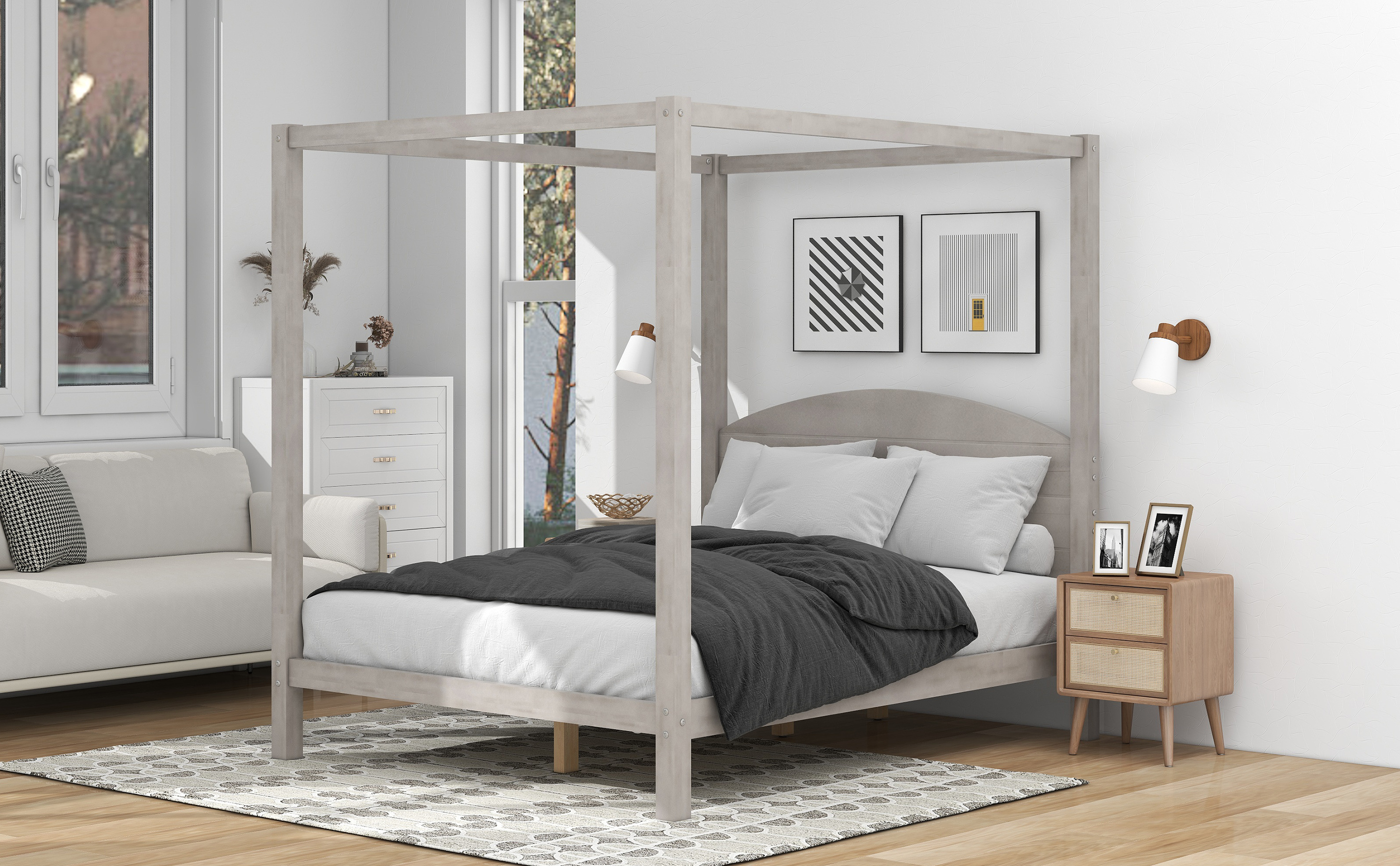 LANTRO JS Queen Size Canopy Platform Bed with Headboard and Support Legs, Grey Wash