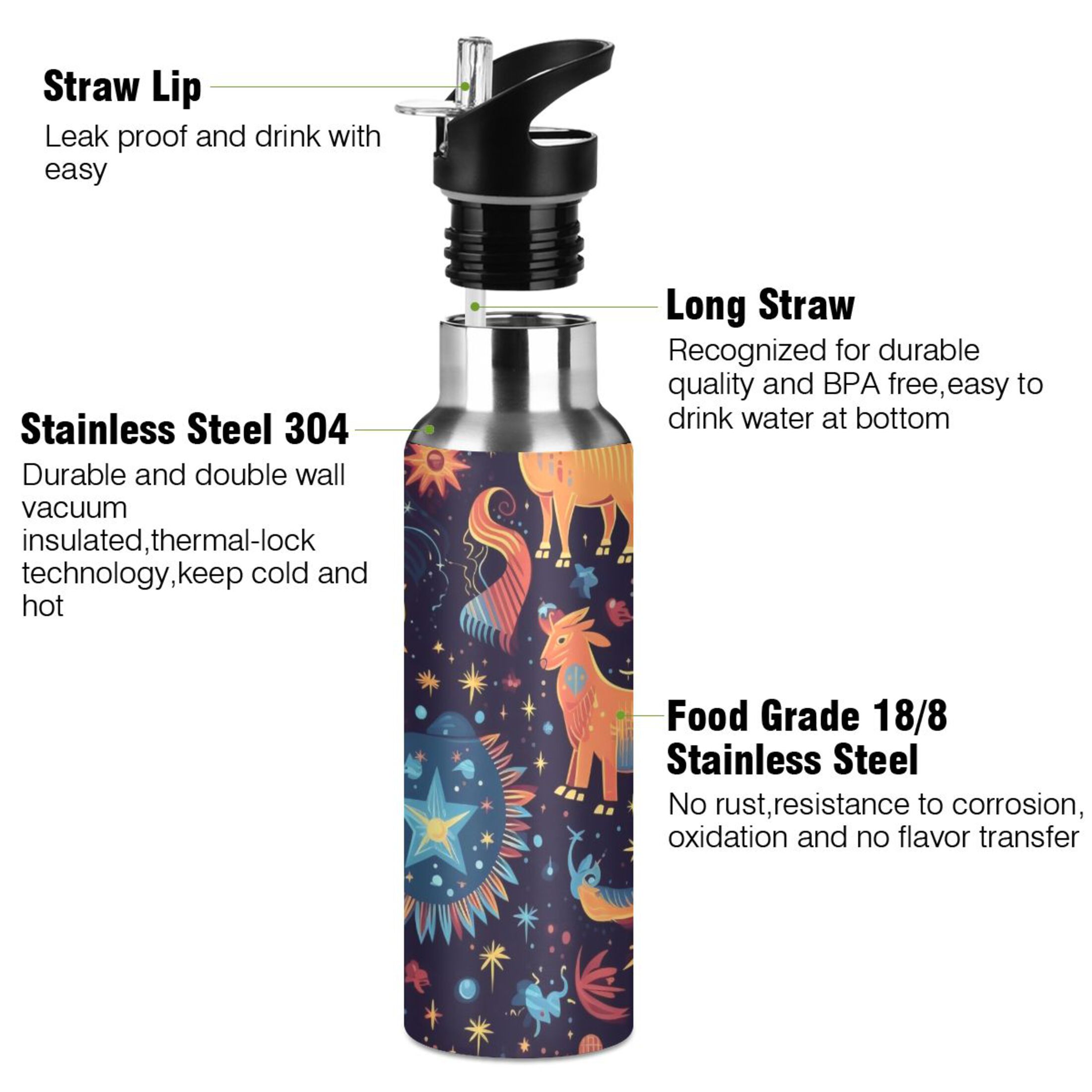 Magic Horse and Stars Water Bottles Insulated Thermos Kids Stainless Steel Bottle with Straw Lid Flask Leakproof for Sports Gym 20 oz