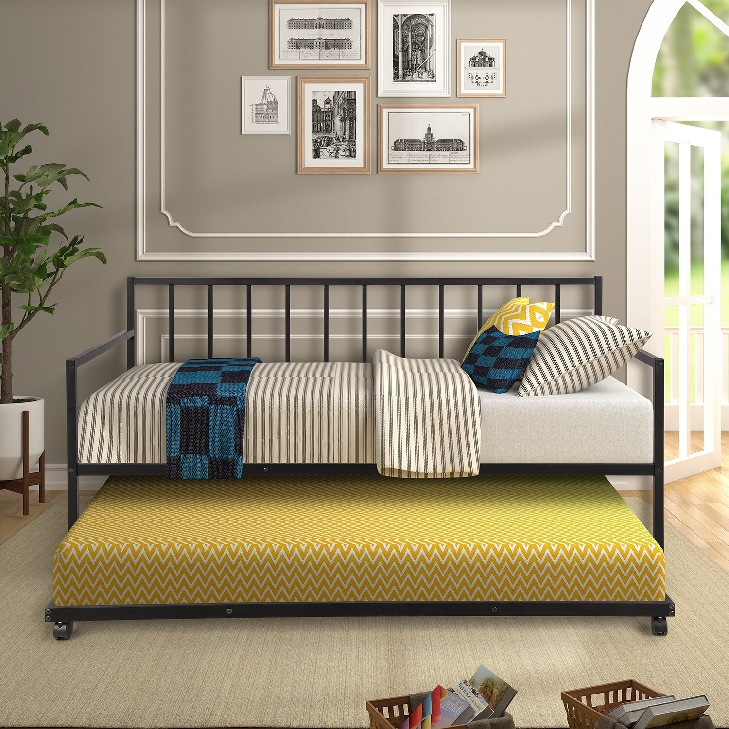 MERAX  Twin-size Metal Daybed with Trundle and Built-in Casters