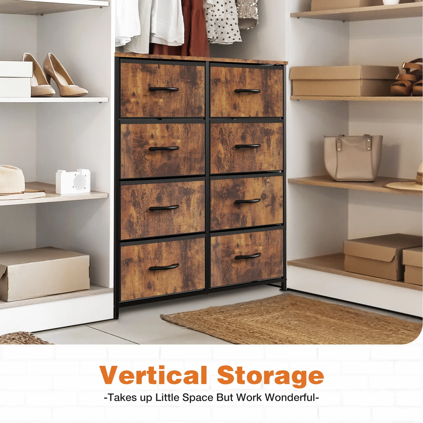 Sweetcrispy Dresser for Bedroom with 8 Drawers Tall Dresser & Chest of Drawers Fabric Dresser with Wood Top and Sturdy Steel Frame Brown