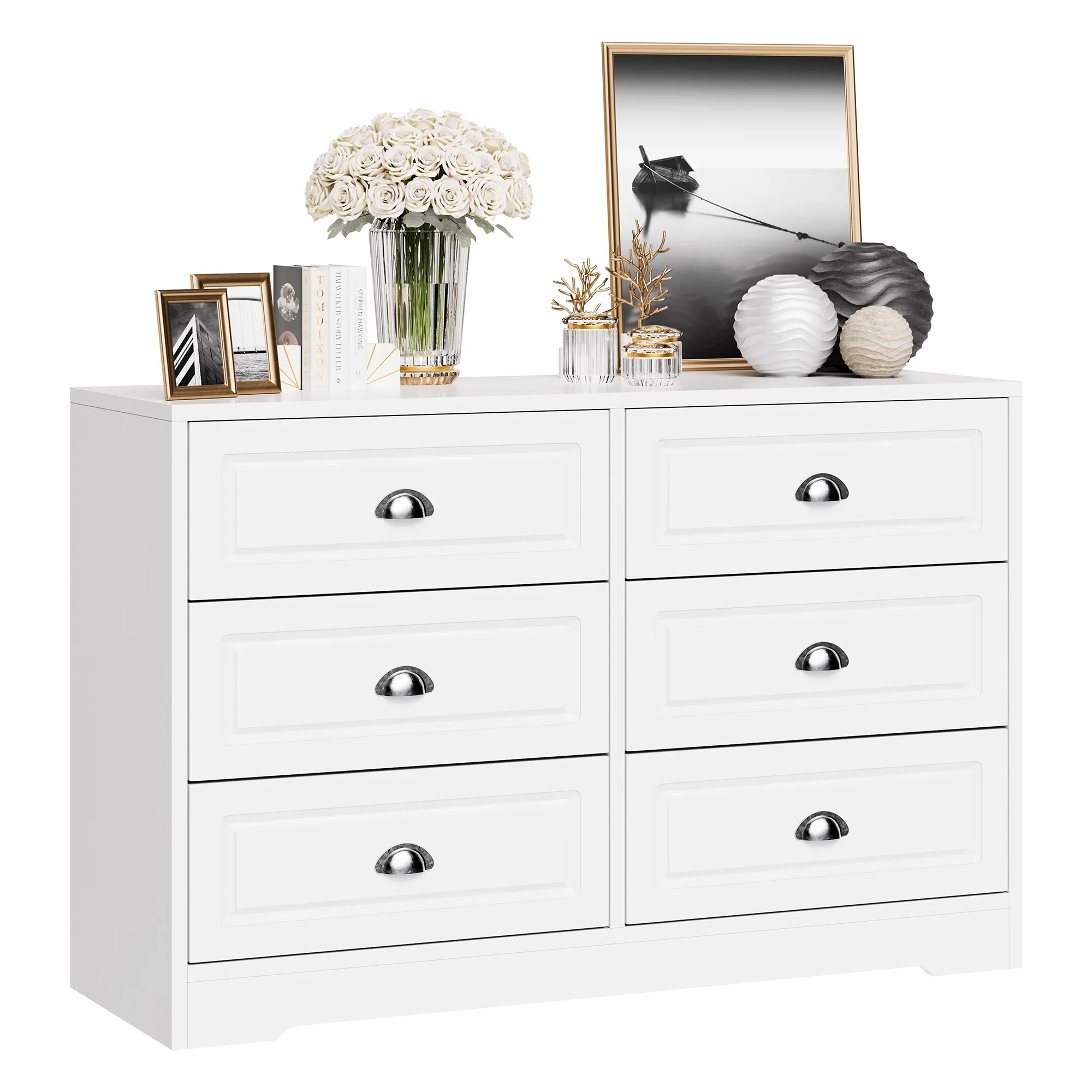 Walsunny 6 Drawer Double Dresser White Wooden Wide Chest of Drawers with Metal Handles Storage Organizer Dresser Nursery Dresser for Living Room Hallway