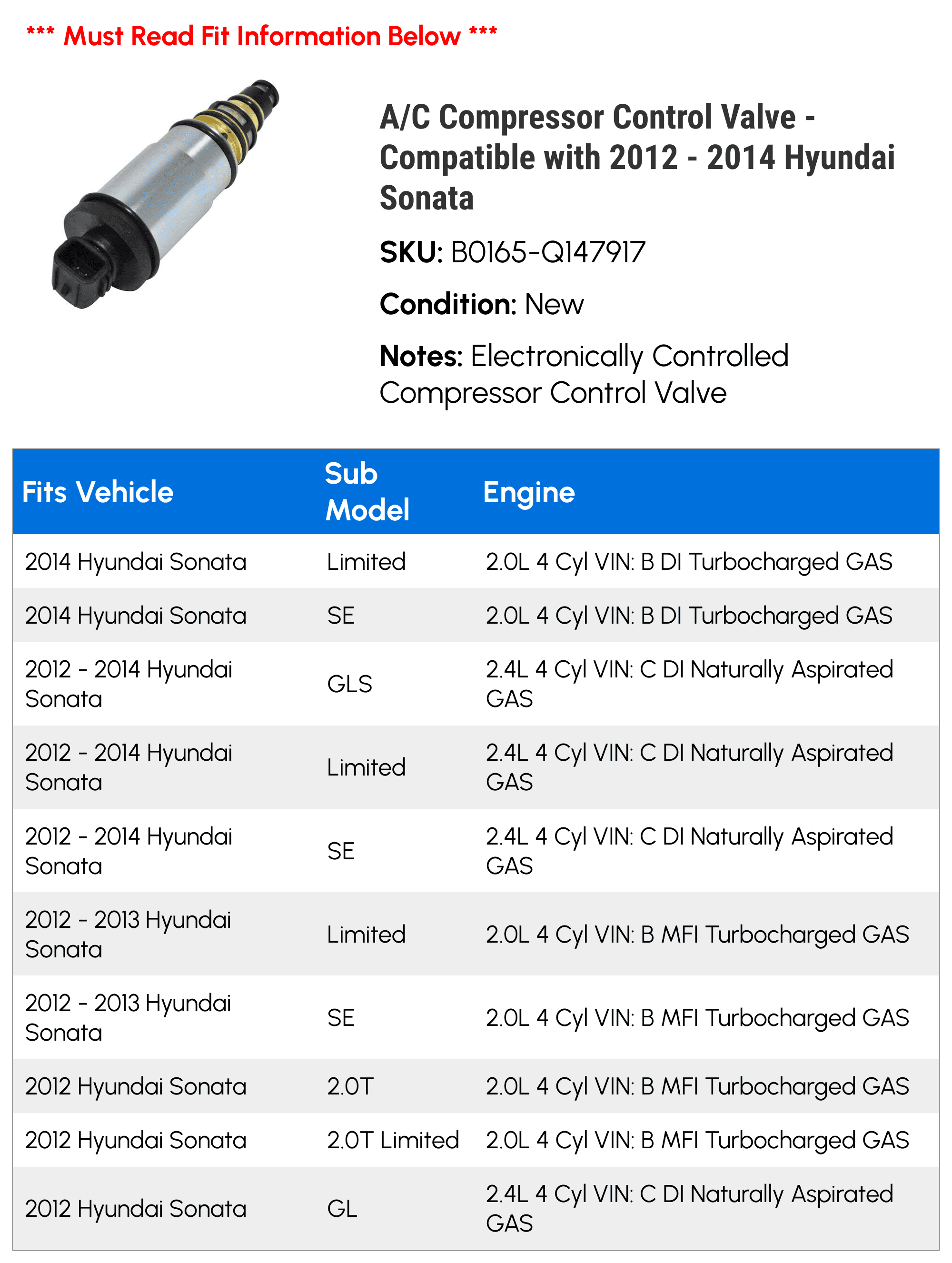 A/C Compressor Control Valve - Compatible with 2012 - 2014 Hyundai Sonata 2013