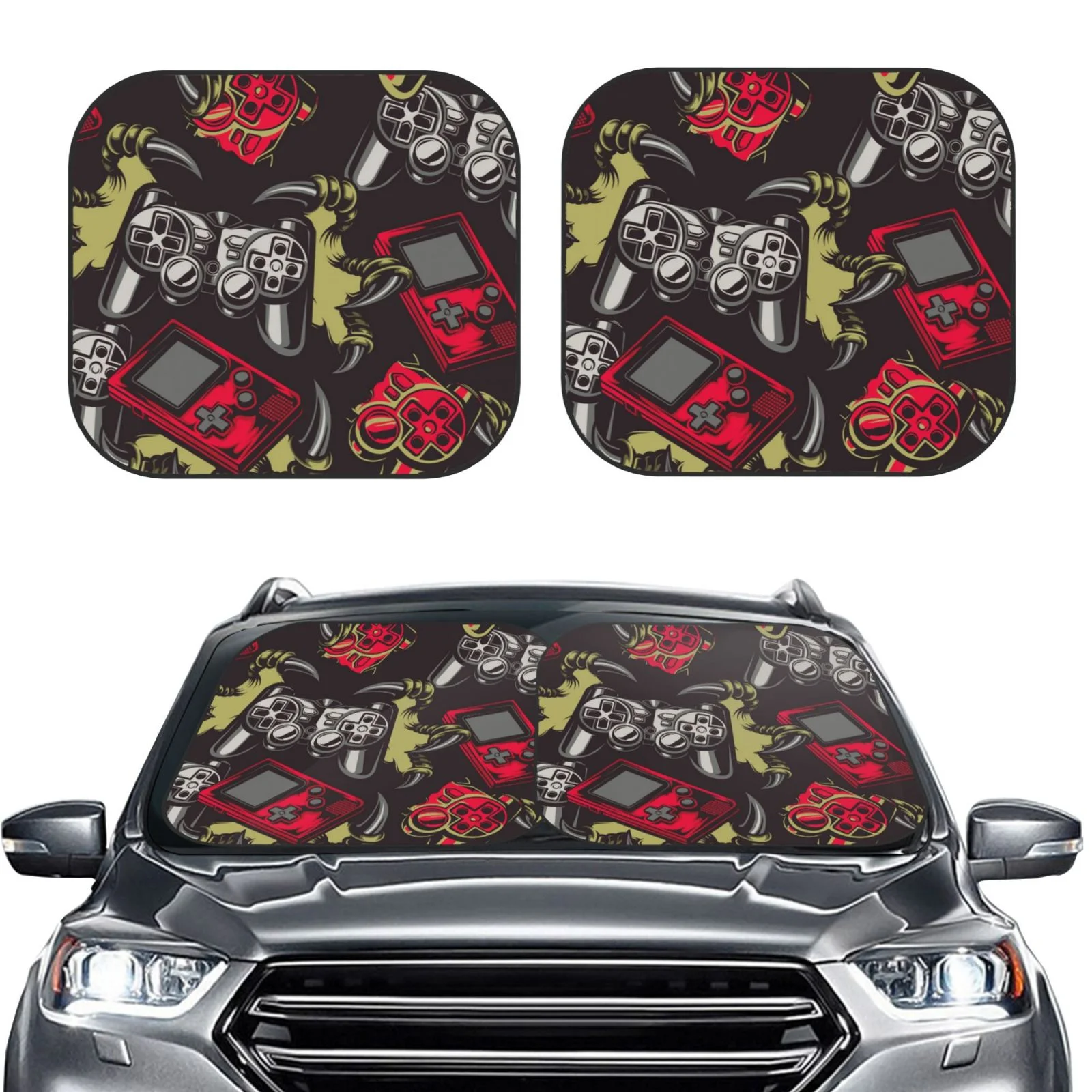 Lukts Vintage Gaming Print 2 Piece Car Sun Shade Windshield,Foldable Car Shade Front Windshield With Keeps Your Vehicle Cool, For Most Sedans Suv And Trucks - Small