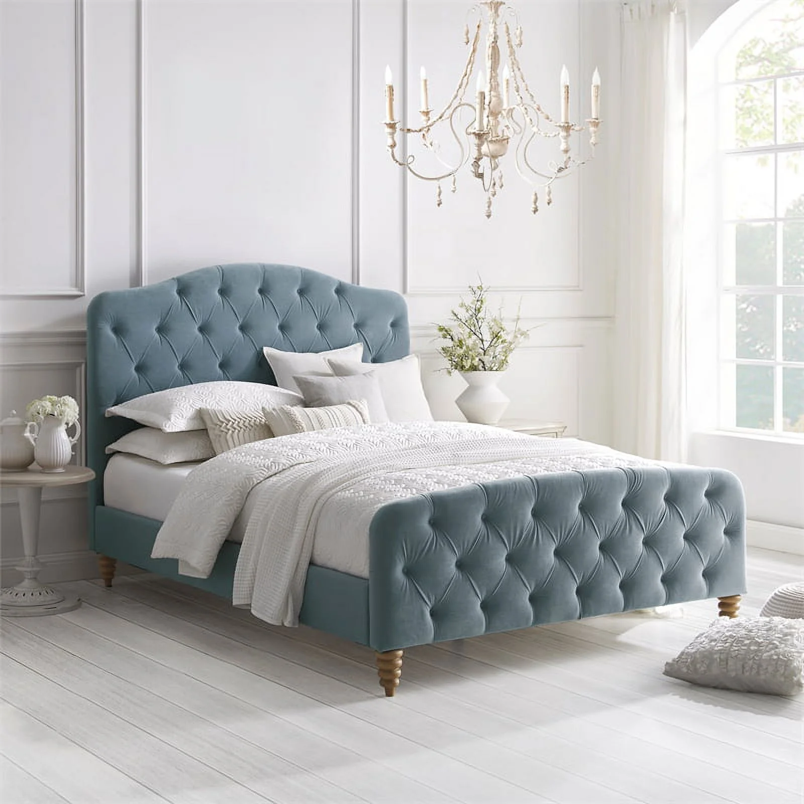 Calliope Bed Light Blue Velvet Queen Diamond Tufted Headboard and Footboard