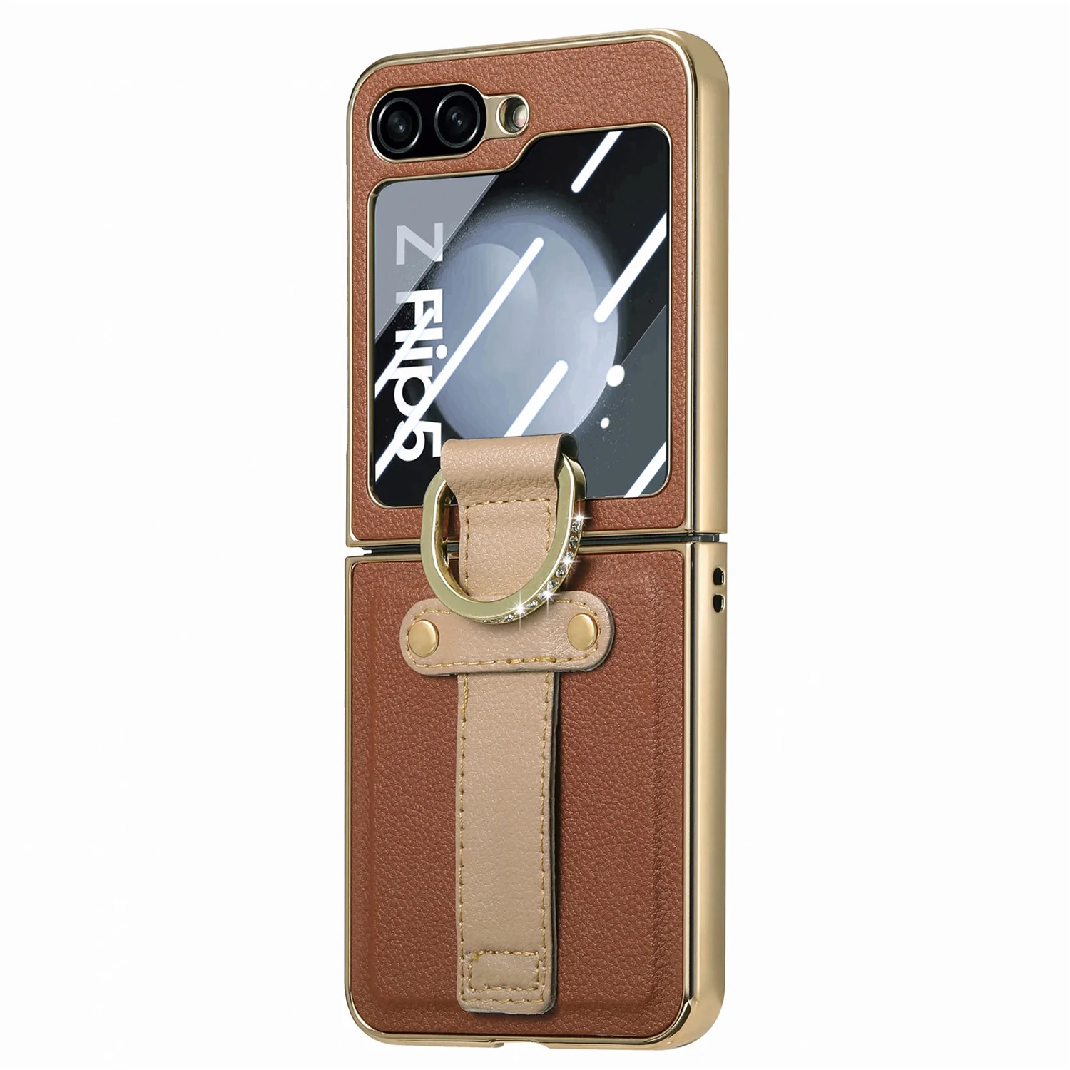 ELEHOLD for Samsung Galaxy Z Flip5 Plating Leather Case,Electroplated Bumper Premium PU Leather Shockproof Case with Built-in Screen Protector Wristband Diamond Ring Holder for Galaxy Z Flip5,  Brown