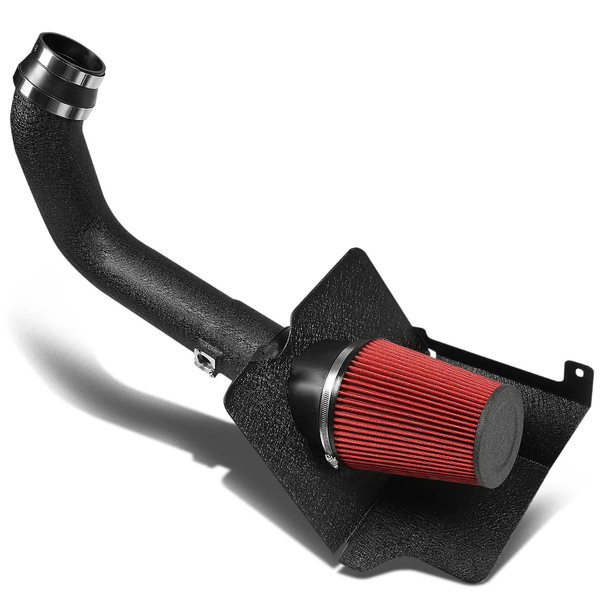 DNA Motoring AIP-2-HS-SIERRA04DUR-BKBK For 2004 to 2005 Silverado Sierra 2500 HD/3500 6.6 V8 Diesel Black Coated Aluminum Air Intake Pipe+Red Filter+Heat Shield