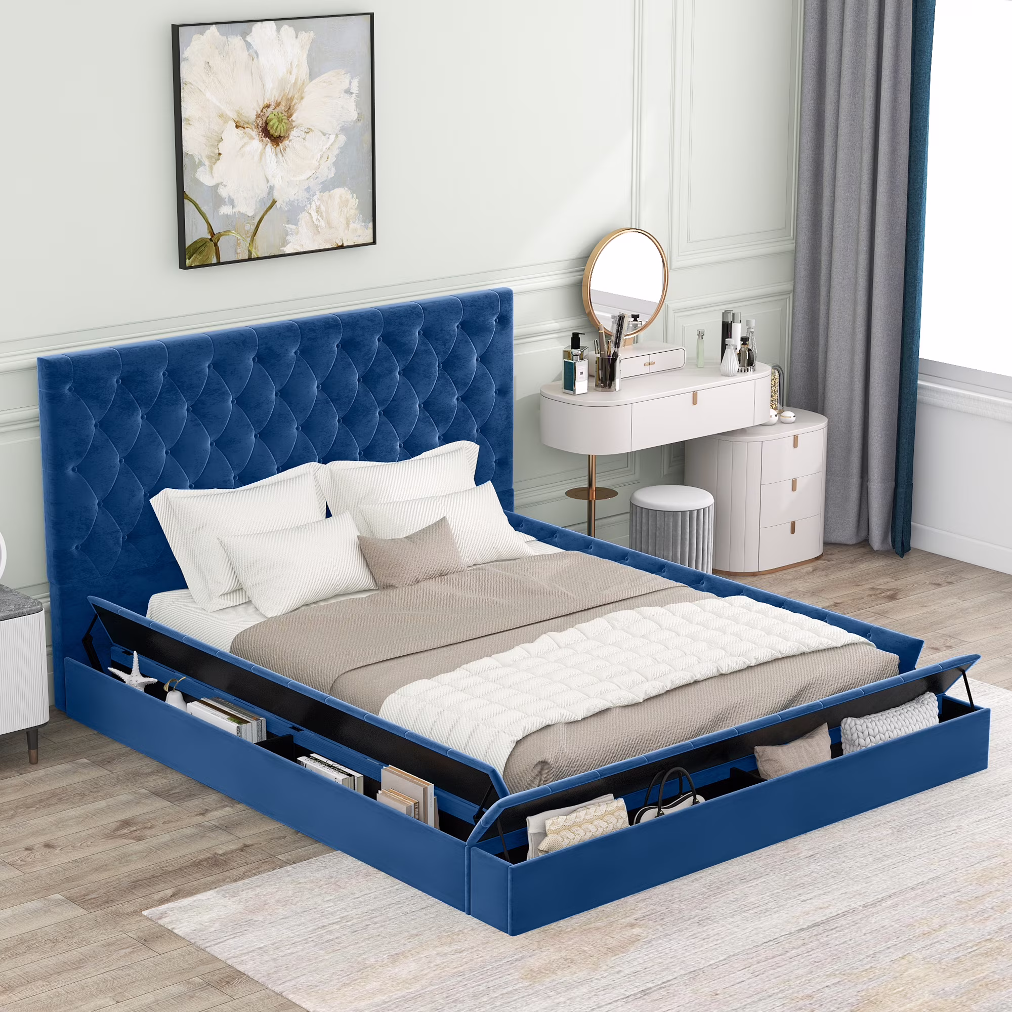 EUROCO Tufted Upholstery Platform Bed with Storage Compartments, Queen for Adults, Blue