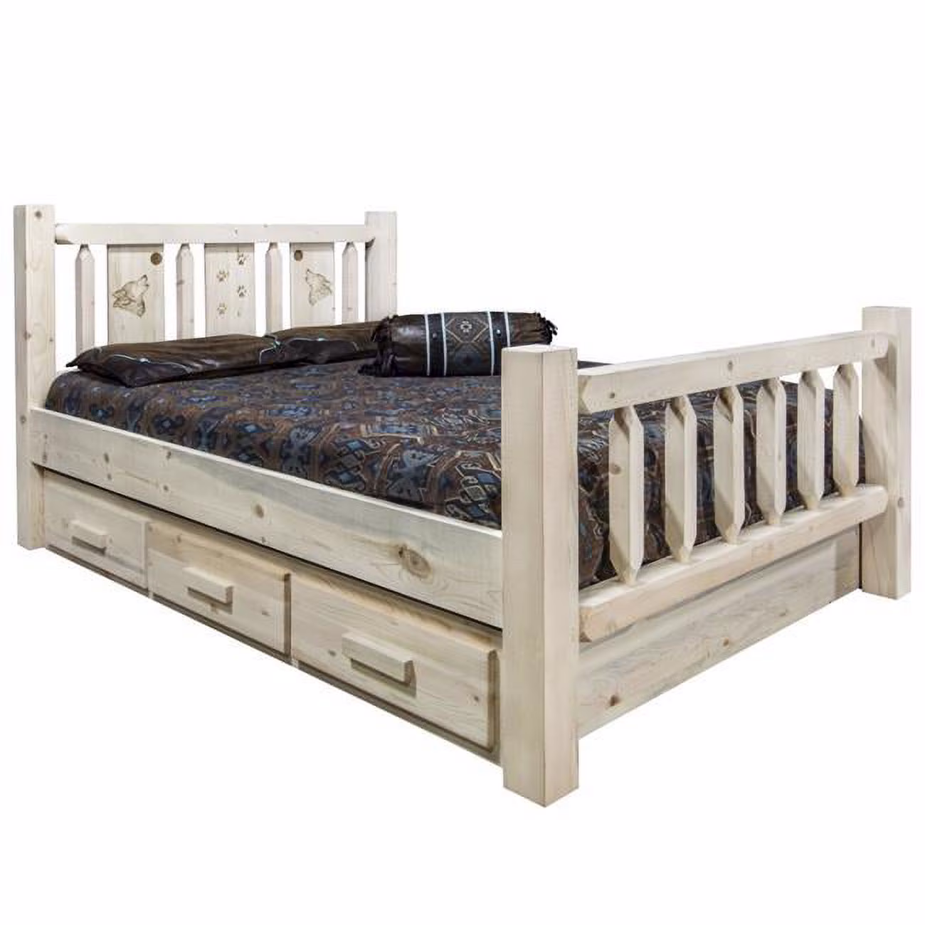 Homestead Collection Full Size Storage Bed with Laser Engraved Wolf Design, Clear Lacquer Finish