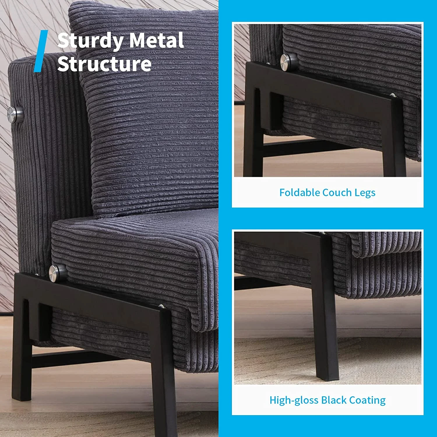 Mjkone 2 in 1 Multifunction Convertible Sofa Chair, Modern Breathable Velvet Fabric & Sturdy Metal Frame Couch Bed for Small Room, Apartment, Office (Dark Gray