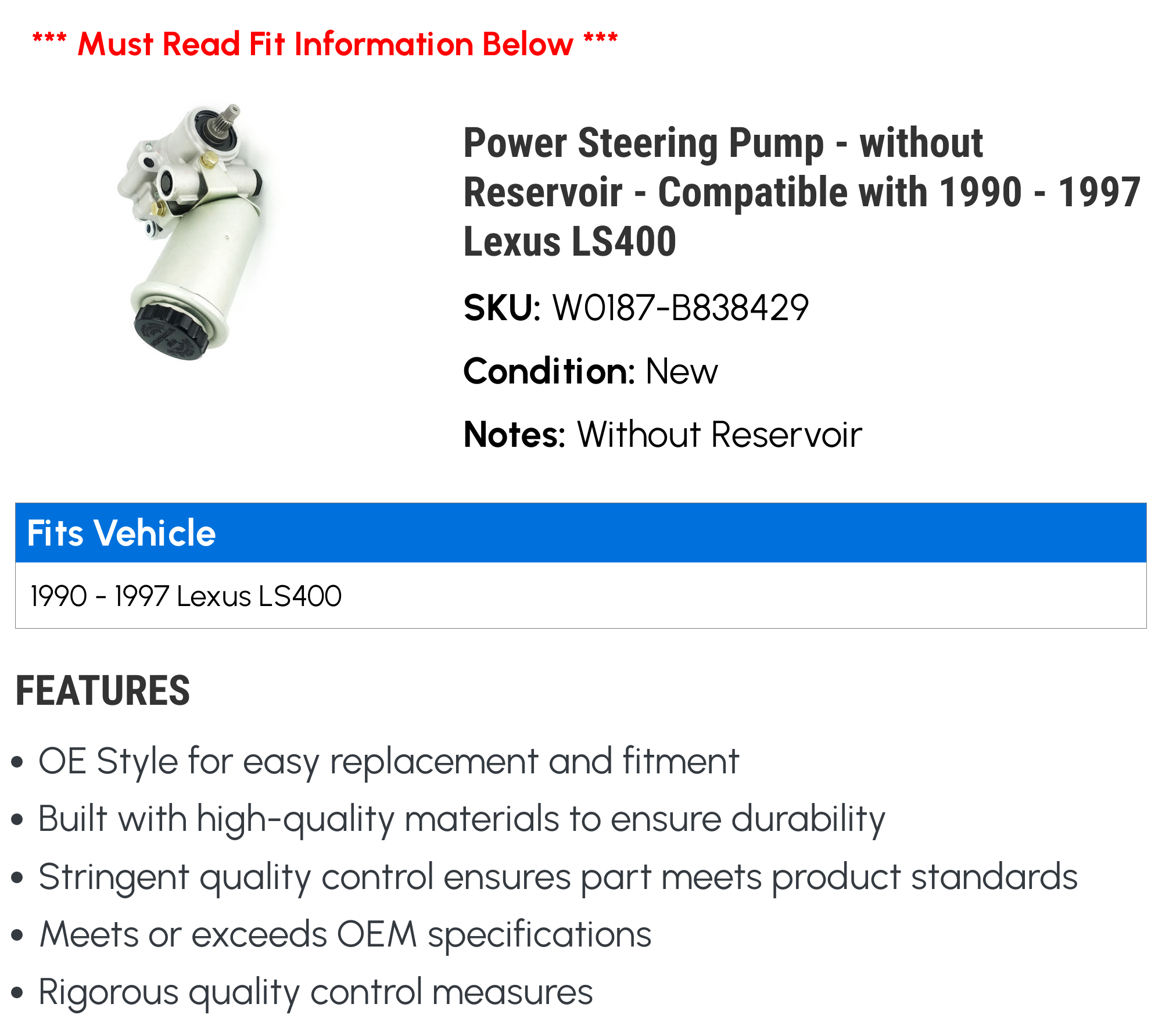 Power Steering Pump - without Reservoir - Compatible with 1990 - 1997 LS400 1991 1992 1993 1994 1995 1996