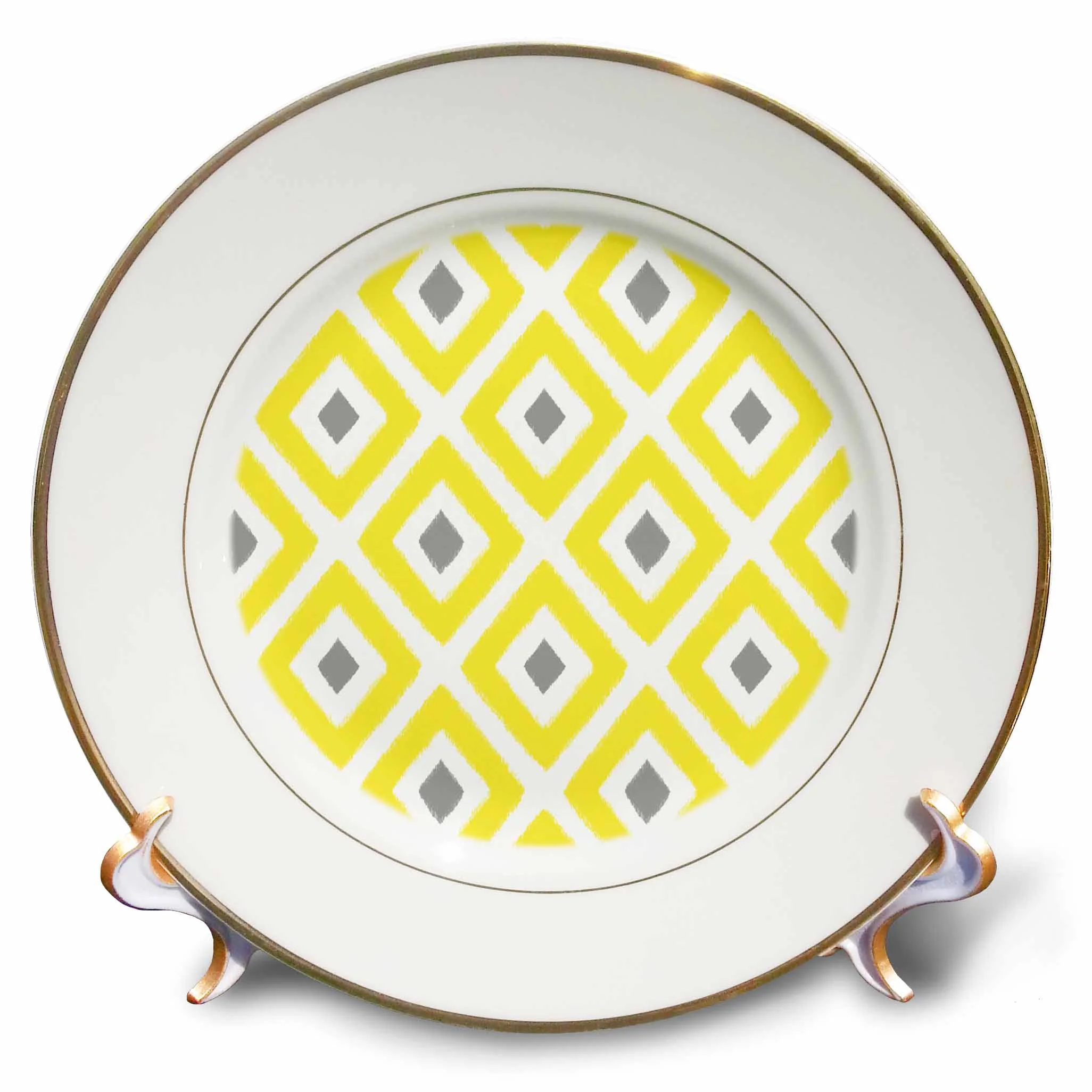 Yellow and Grey Ikat Diamond Pattern 8 inch Porcelain Plate cp-203398-1