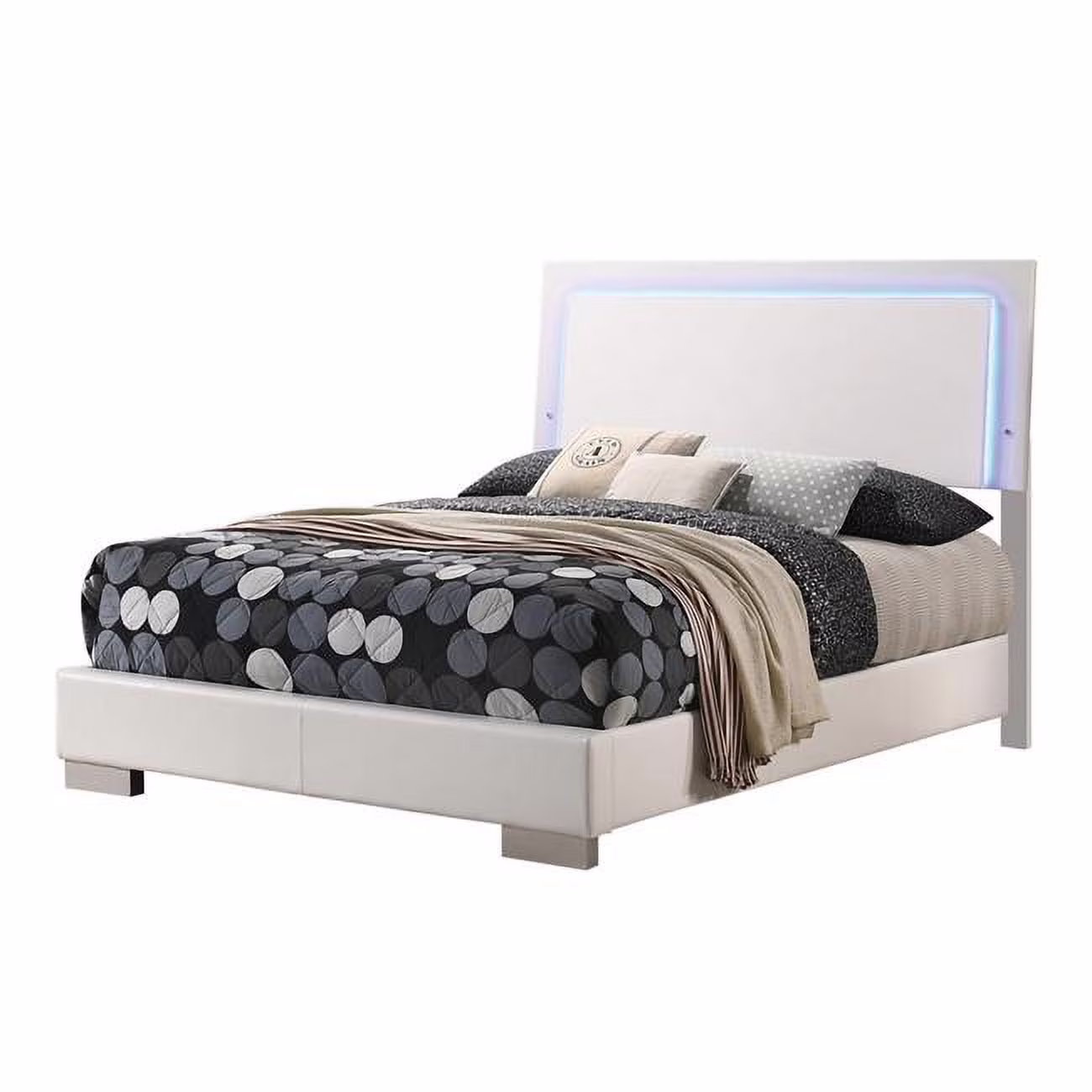 Low Profile Footboard Sok Full Panel Bed with Led Headboard, Glossy White