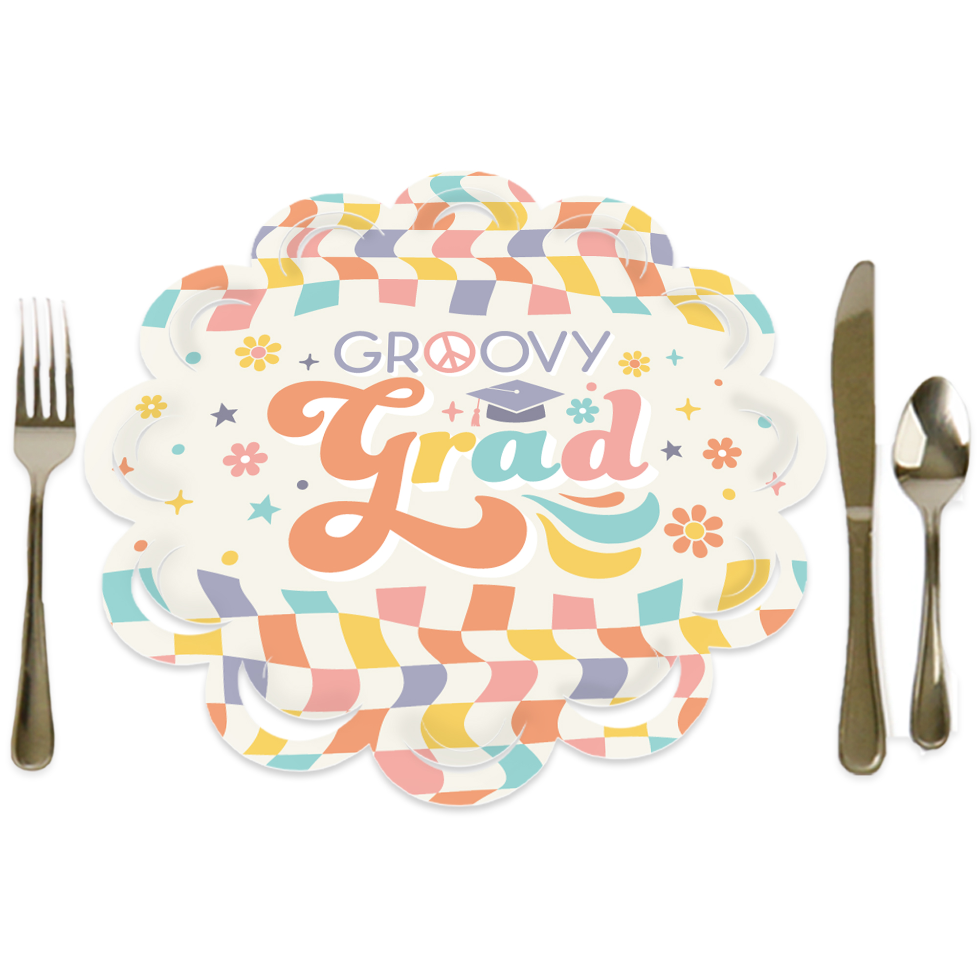 Big Dot of Happiness Groovy Grad - Hippie Graduation Party Round Table Decorations - Paper Chargers - Place Setting For 12
