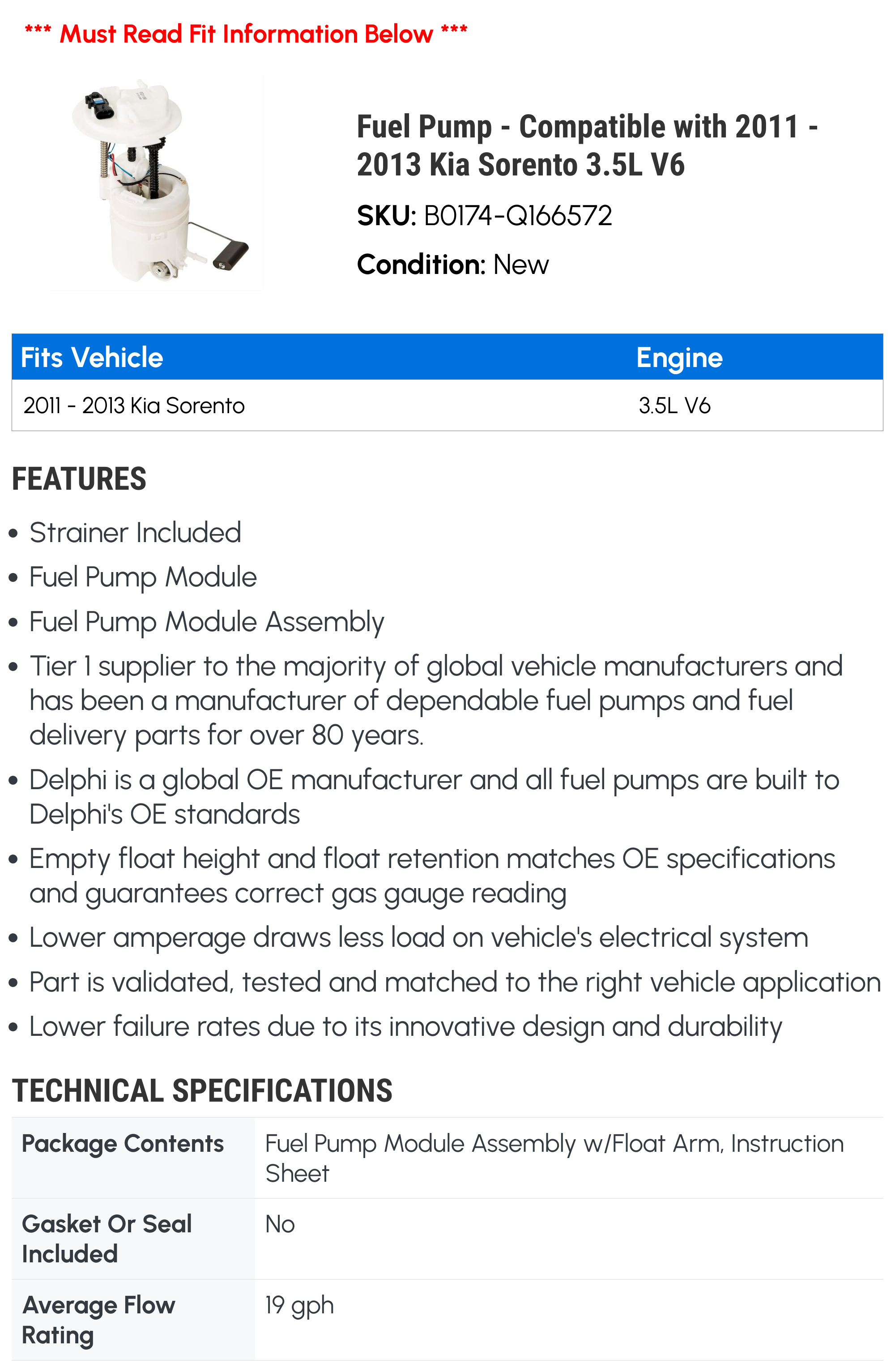 Fuel Pump - Compatible with 2011 - 2013 Kia Sorento 3.5L V6 2012