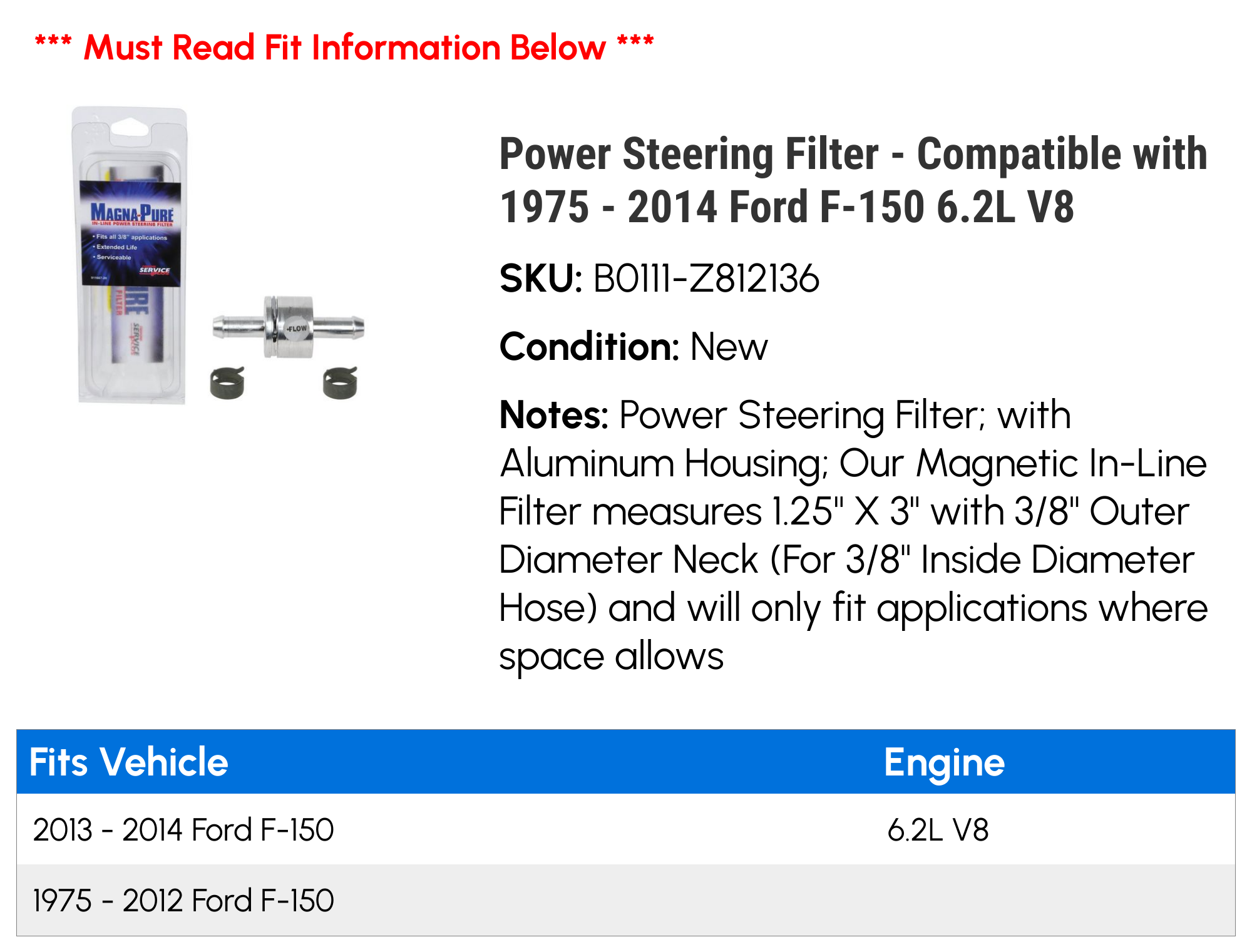 Power Steering Filter - Compatible with 1975 - 2014 Ford F-150 6.2L V8 1976 1977 1978 1979 1980 1981 1982 1983 1984 1985 1986 1987 1988 1989 1990 1991 1992 1993 1994 1995 1996 1997 1998 1999 2000