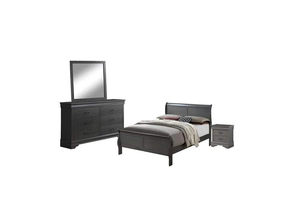 Bedroom Furniture Gray Color Solid wood Simple Transitional 6pcs Set Eastern King Size Bed Dresser Mirror Nightstands Chest