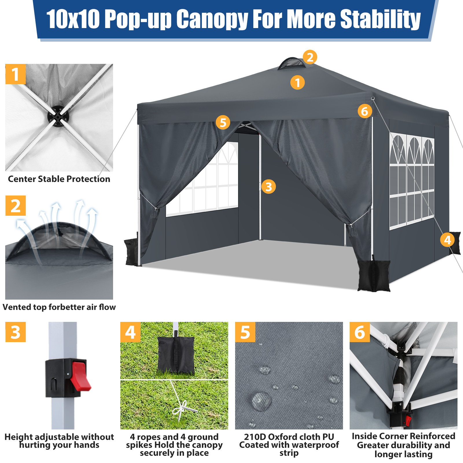 10'x10' Pop up Canopy for Party, Outdoor Camping Instant Waterproof Gazebo, Sun Protected Adjustable Commercial Tent, with Vent on Top, 4 Removable Side Walls, 4 Sandbags, Carry Bag (Grey）