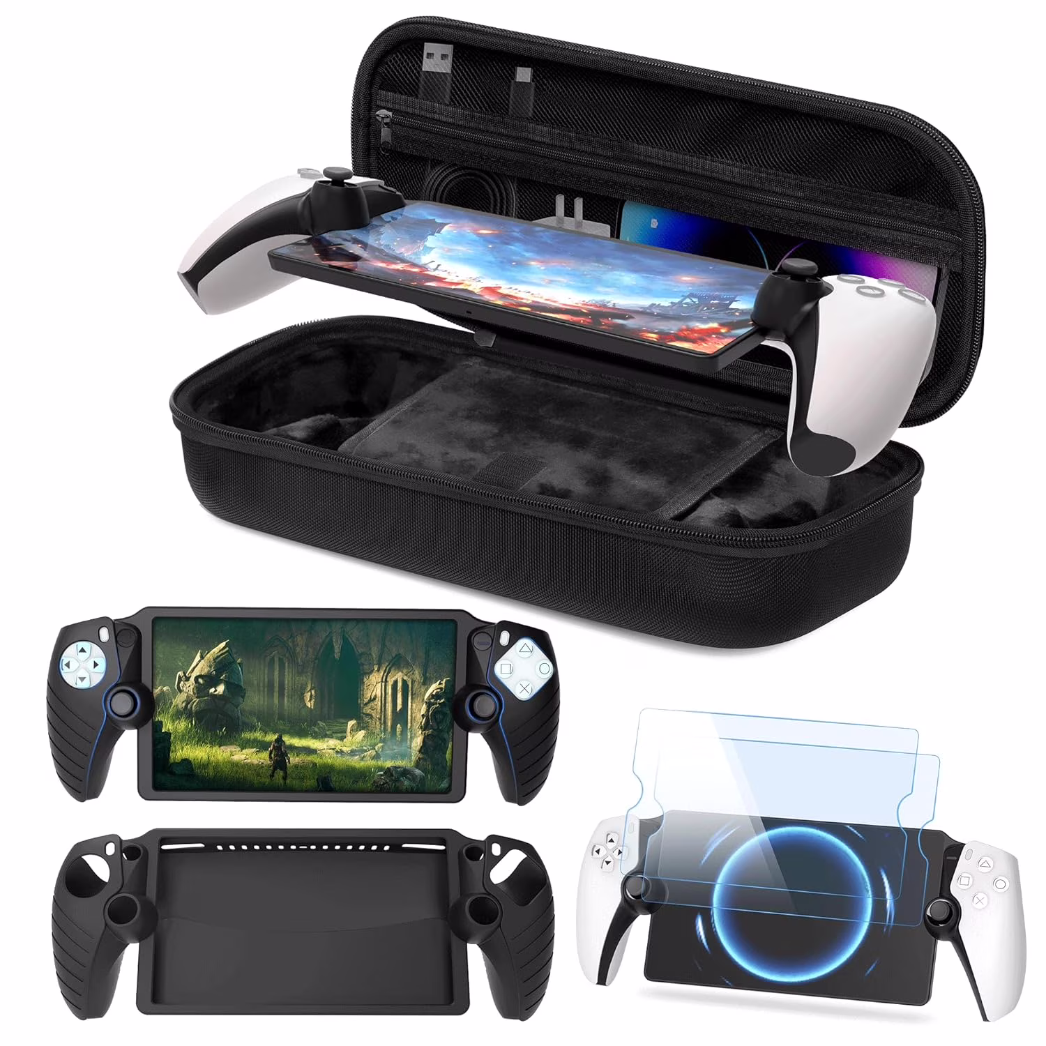 Kothab 3 in 1 Accessoris Set Compatible with Playstation Portal, EVA Carrying Case for PS5 Portal, Soft Silicone Protective Cover, 2 Pack Screen Protector, Ps Portal Accessories