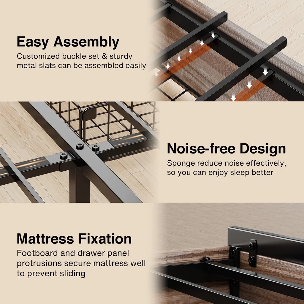 Aiho Full Size Metal Bed Frame with Drawers and Headboard for Bedroom Clearance - Gray