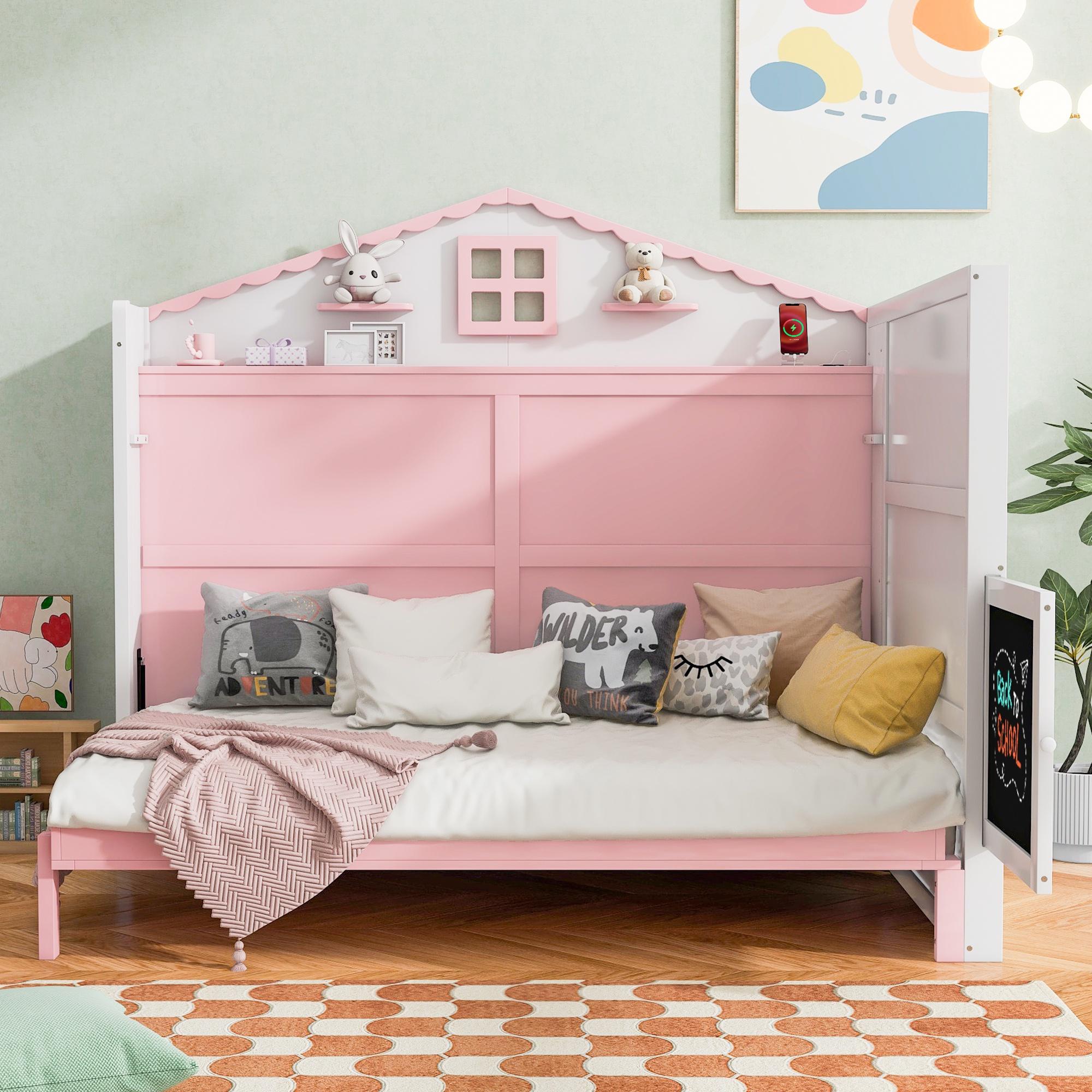Bellemave Full Size House Murphy Bed with USB Posts, Wood Folding Full Bed with Storage Shelves and Blackboard, Murphy Cabinet Bed for Kids Girl Boys Teens, Space Saving Design (White+Pink)