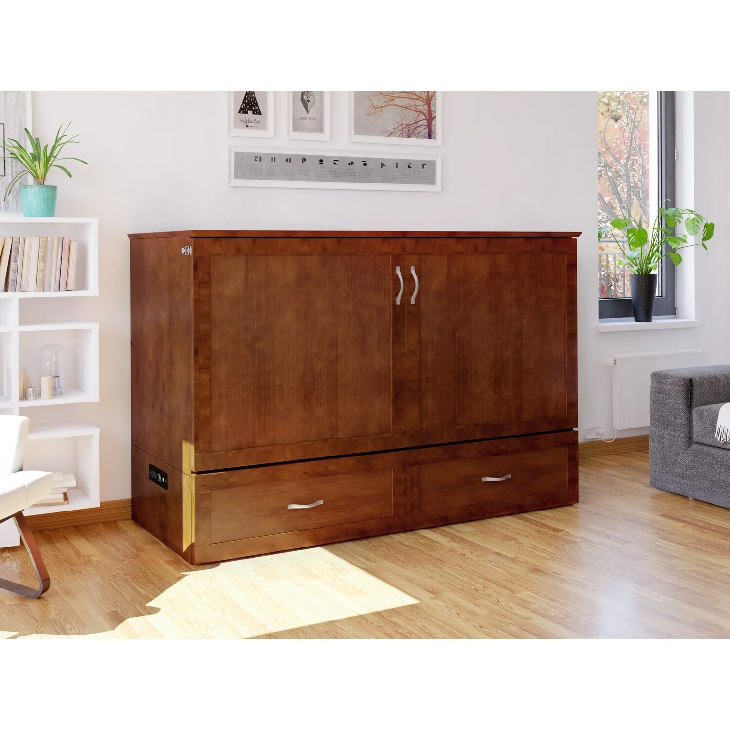 AFI Hamilton Murphy Modern Wood Full Bed Chest with Mattress in Walnut