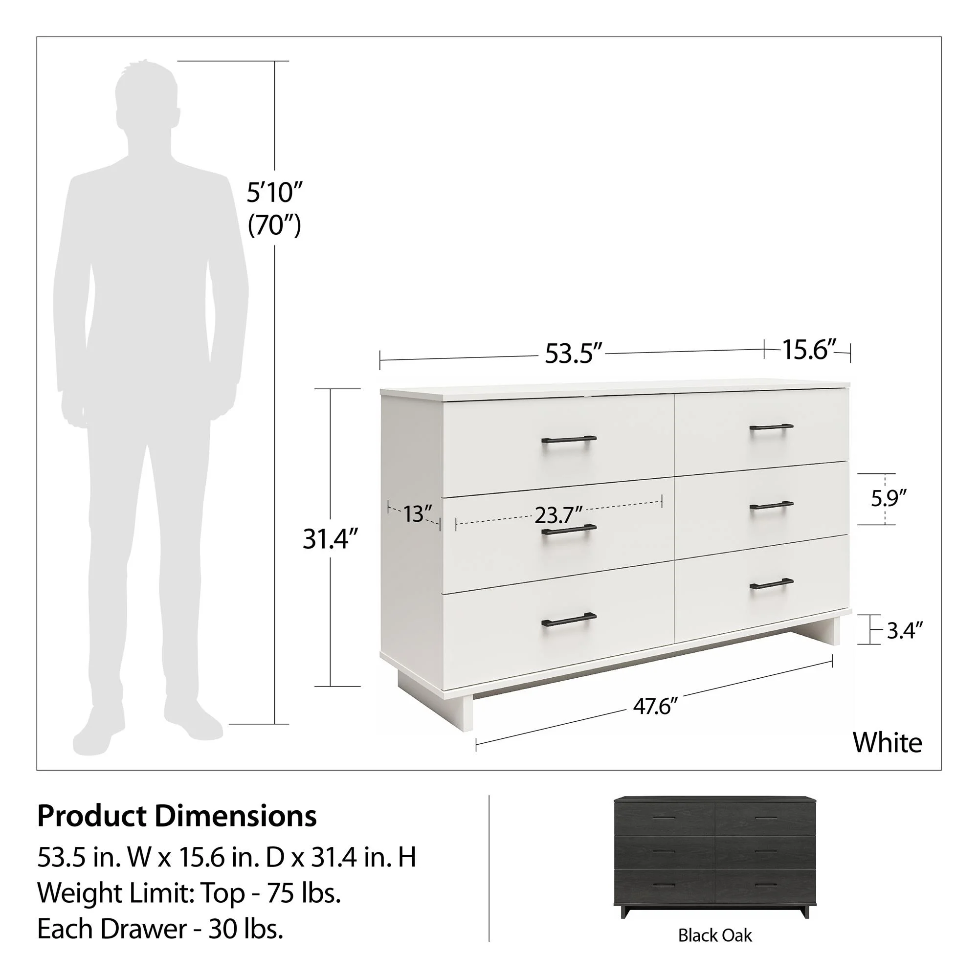 Ameriwood Home Southlander 6 Drawer Wide Dresser, Black Oak