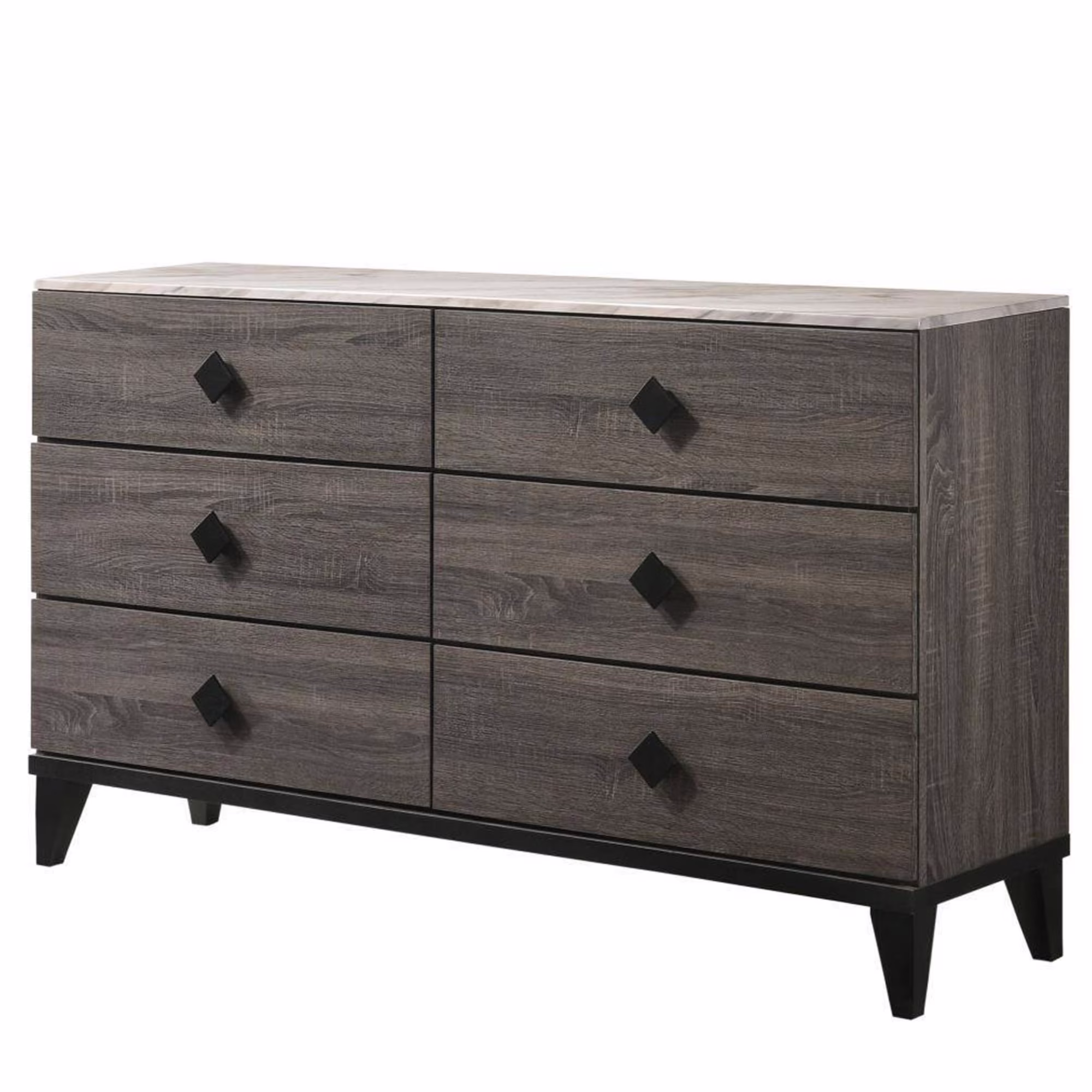 6 Drawer Wooden Dresser with Grains and Angled Legs, Gray