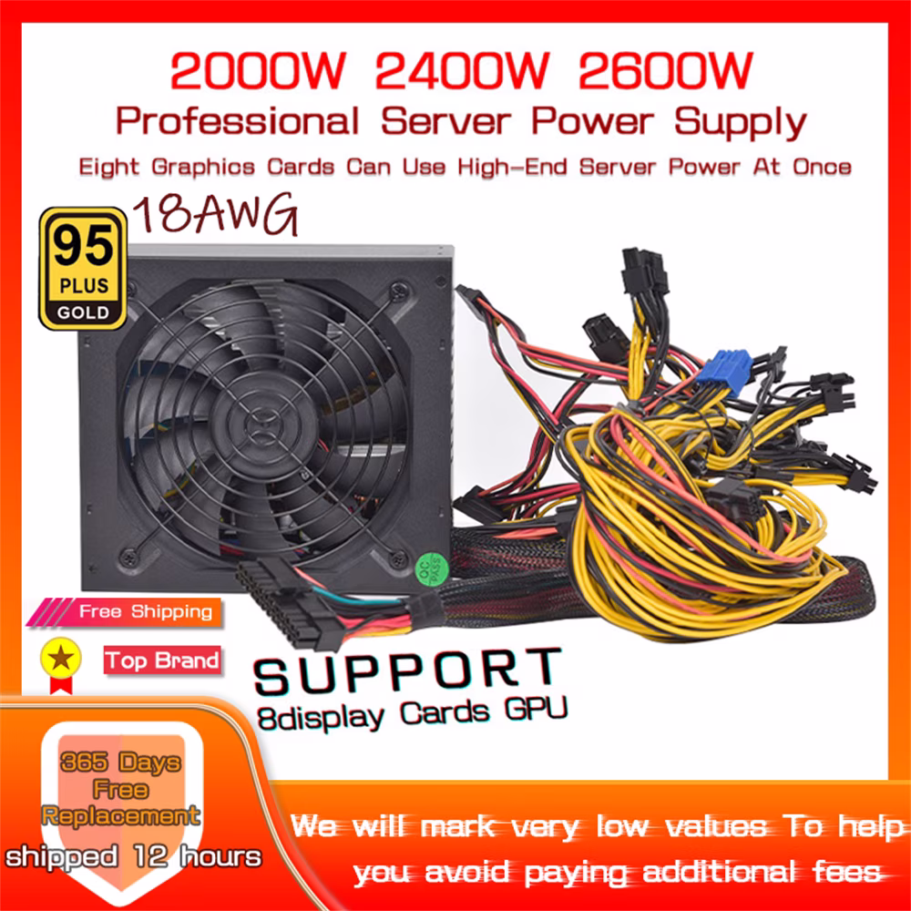 ATX 2600W Full Modular Mining Power Supply ETH Psu For Bitcoin Miner ETH Rig Supports 8 Graphics 80+ Gold Certified