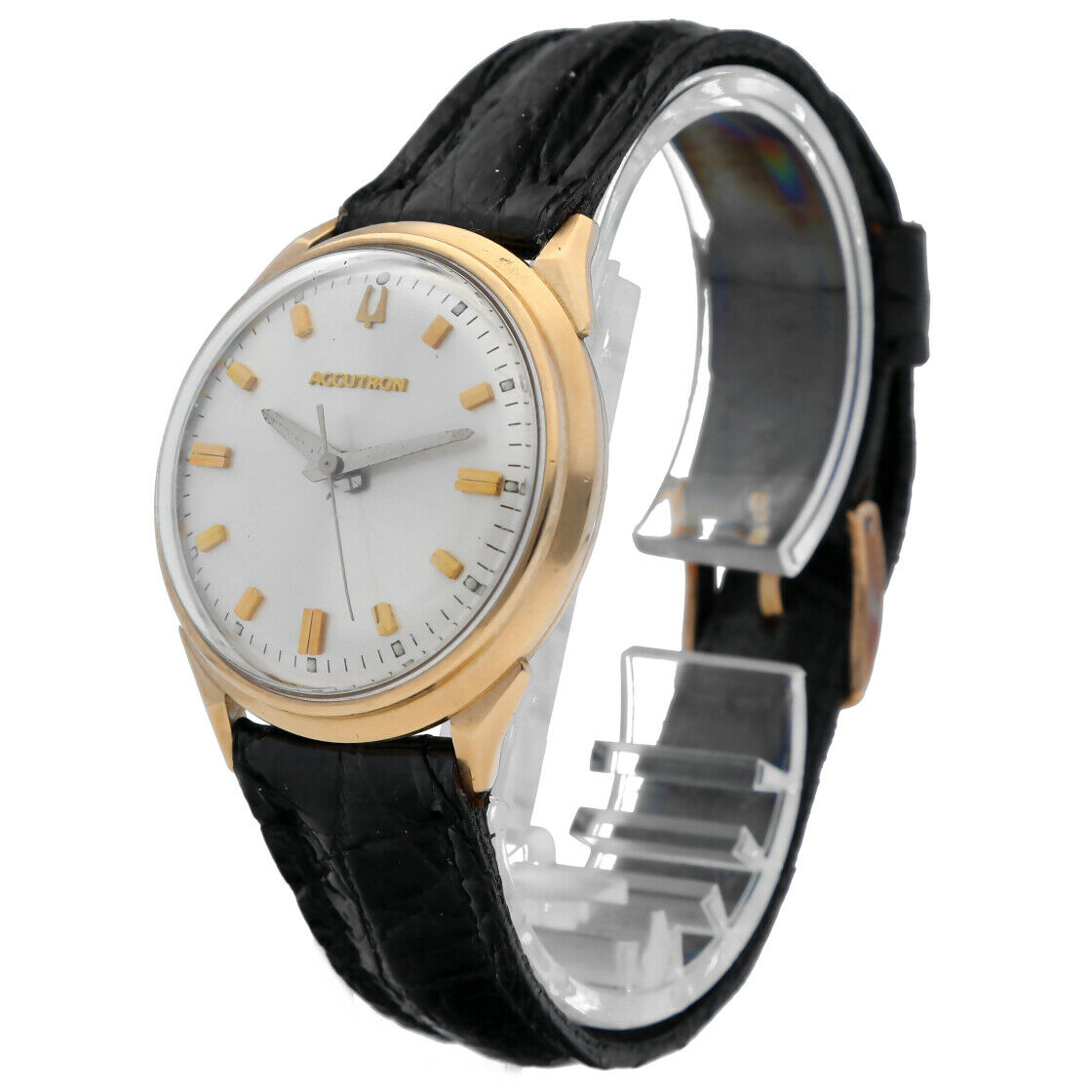 Vintage Accutron 14k Gold Filled Steel M9 Black Leather Tunning Fork Men's Watch