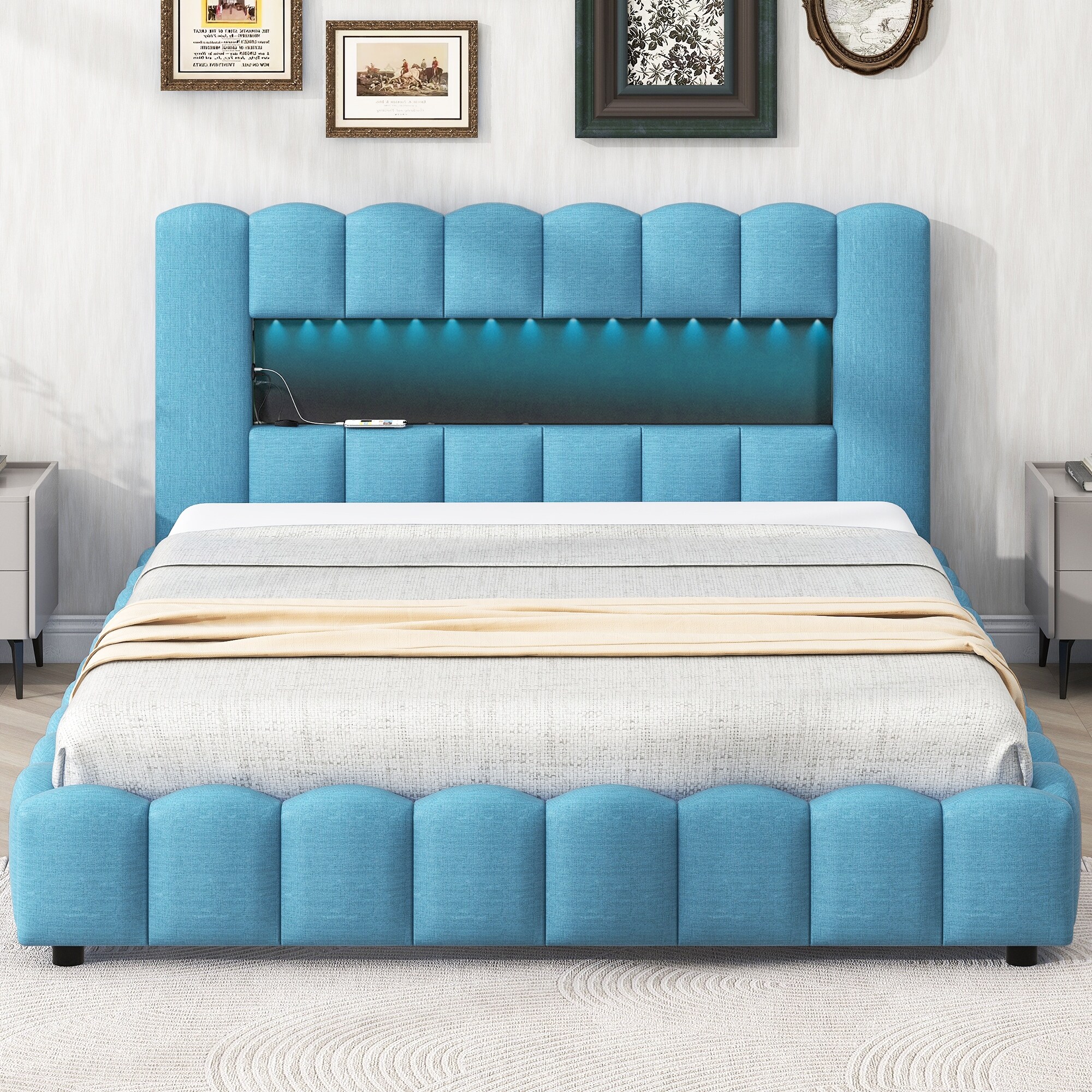 Queen Size Upholstered Platform Bed with LED Headboard and USB, Blue