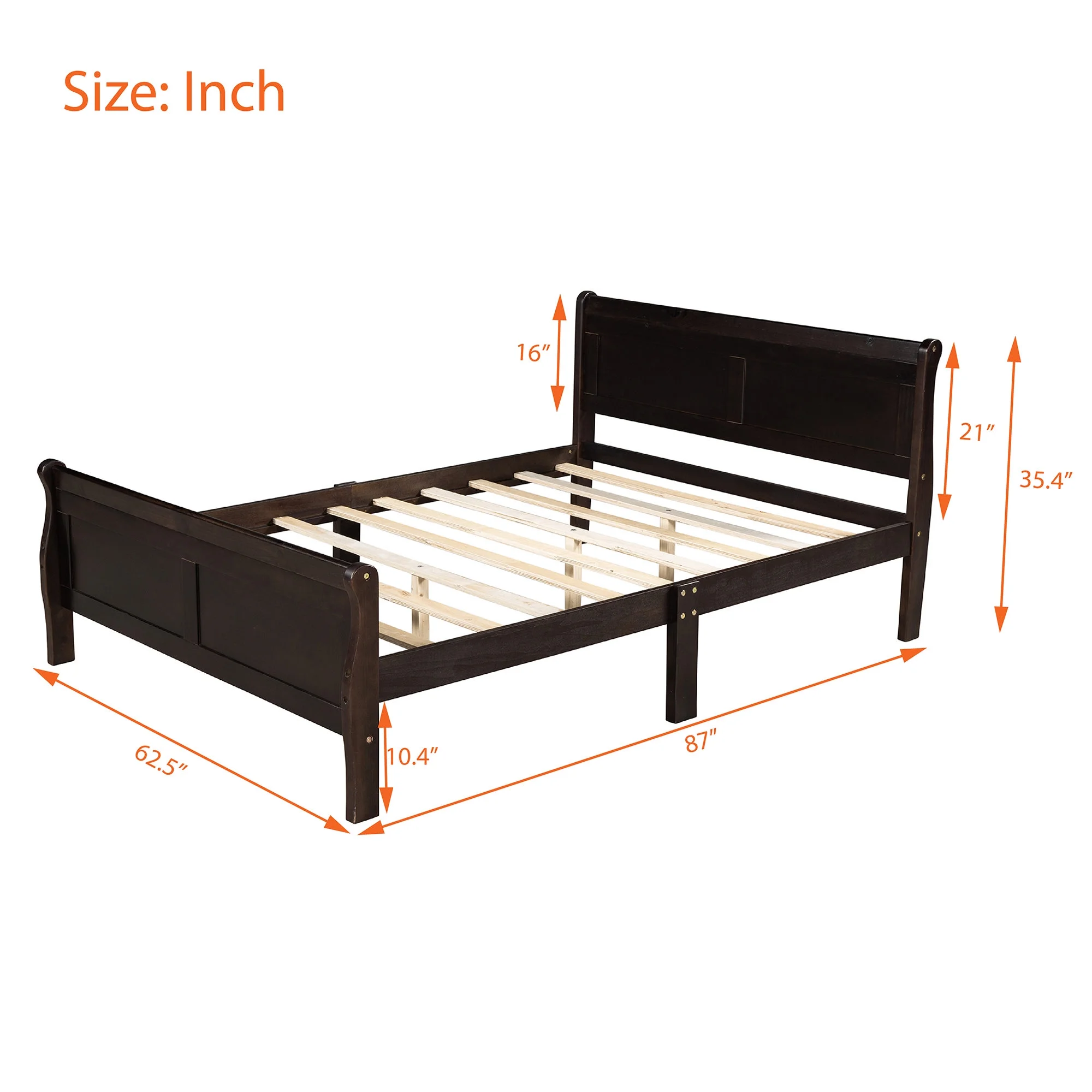 Espresso Queen Size Wood Platform Bed with Headboard and Wooden Slat Support