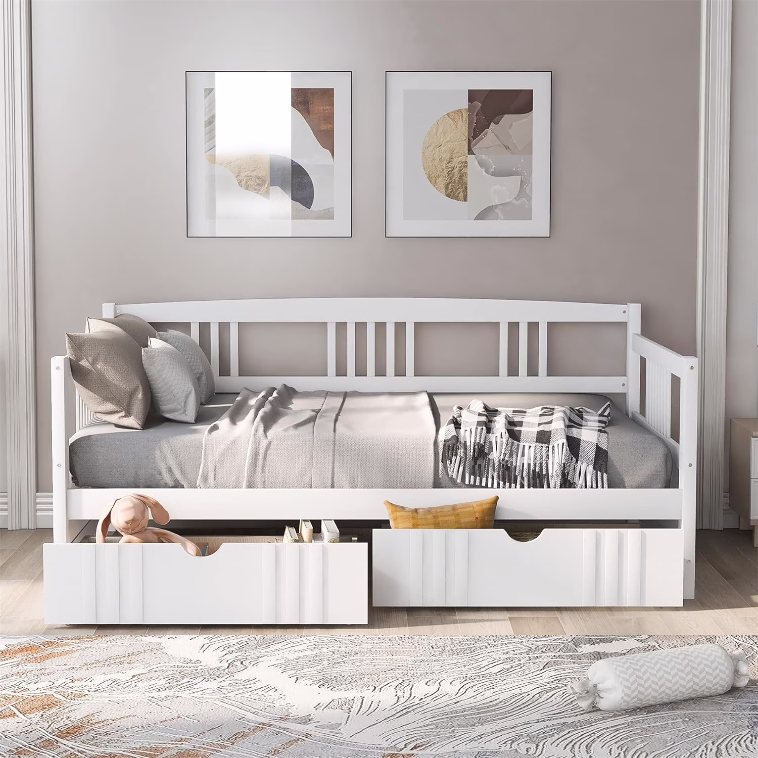 Size Daybed Frame Wih 2 Drawers, Wooden Sofa Bed For Bedroom Living Room, Wood Low Plaform Bed Wih Sorage Drawers, Bedroom Furniure For Kids eens (Whie)