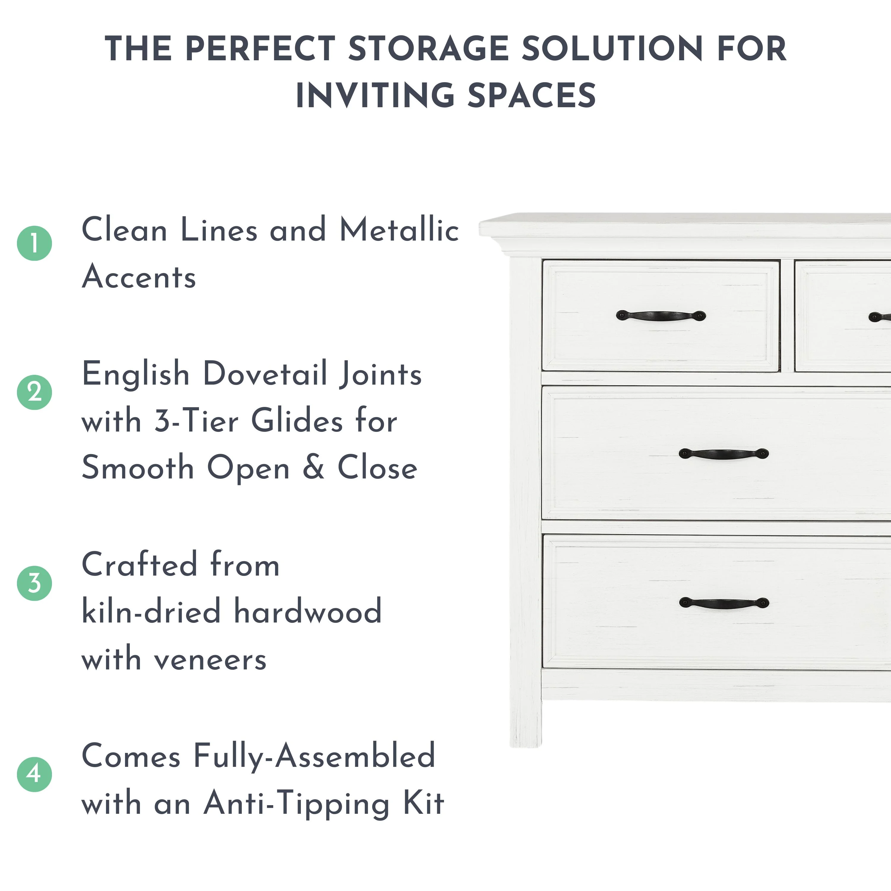 Evolur Belmar Rustic 7-Drawer Double Dresser, White.
