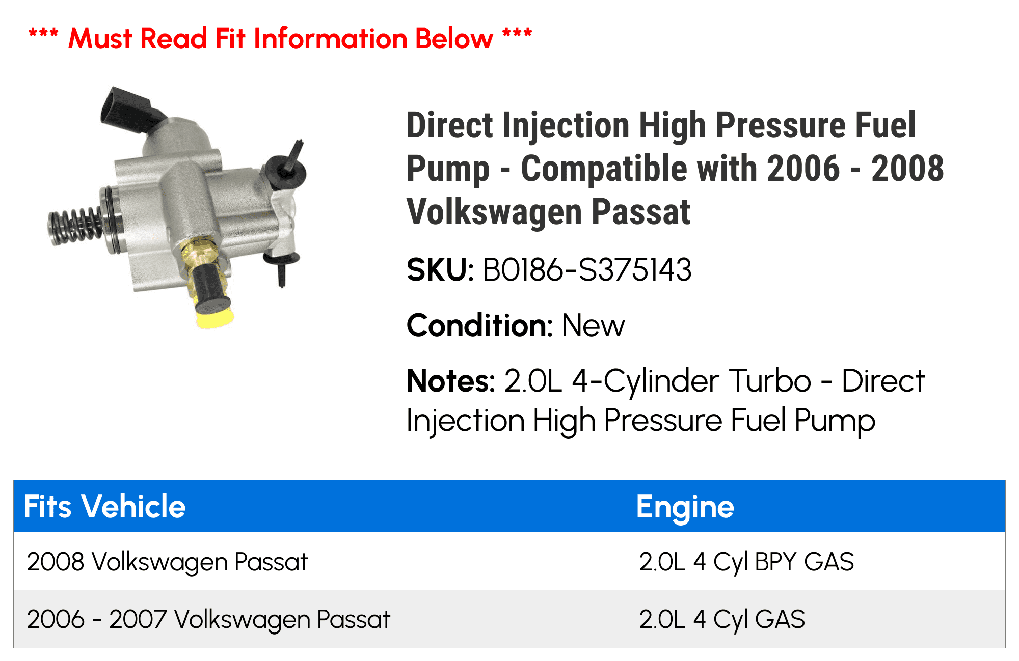 Direct Injection High Pressure Fuel Pump - Compatible with 2006 - 2008 Volkswagen Passat 2007