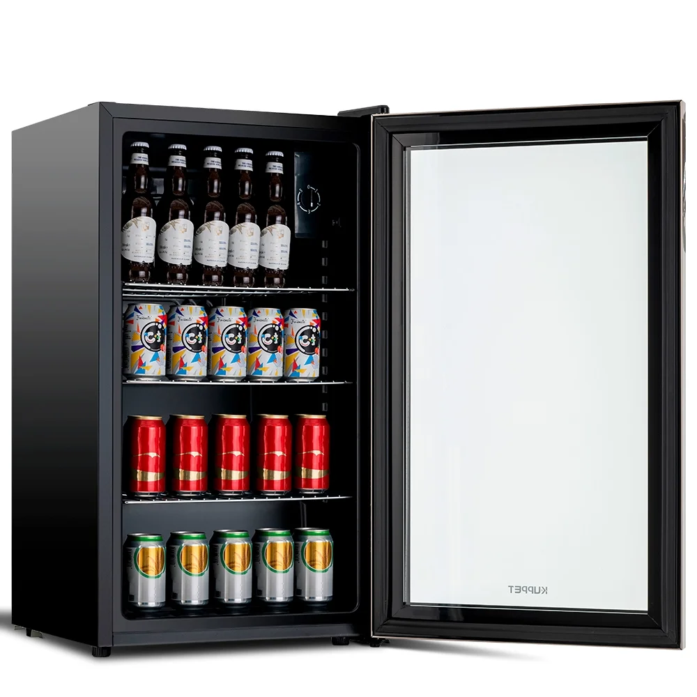 KUPPET 120-Can Beverage Cooler and Refrigerator, Small Mini Fridge for Home, Office or Bar with Glass Door, Perfect for Soda Beer or Wine, Black&Stainless Steel, 3.1 Cu.Ft