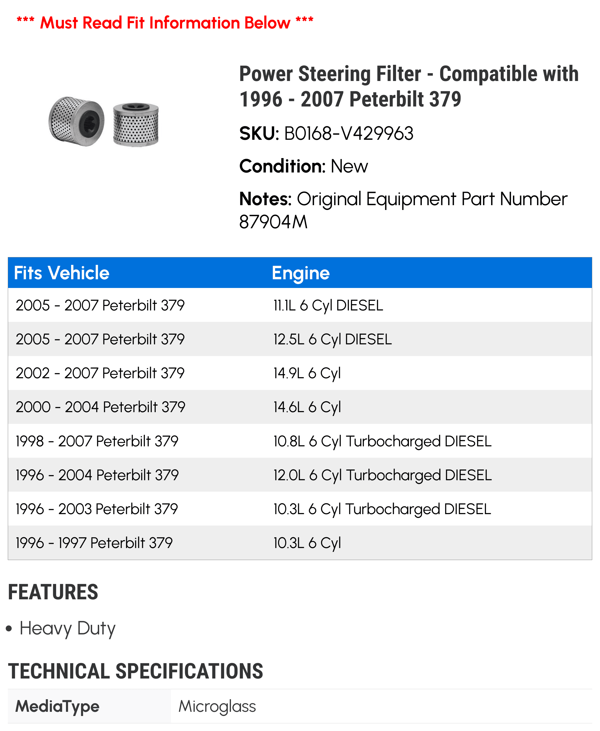 Power Steering Filter - Compatible with 1996 - 2007 Peterbilt 379 1997 1998 1999 2000 2001 2002 2003 2004 2005 2006