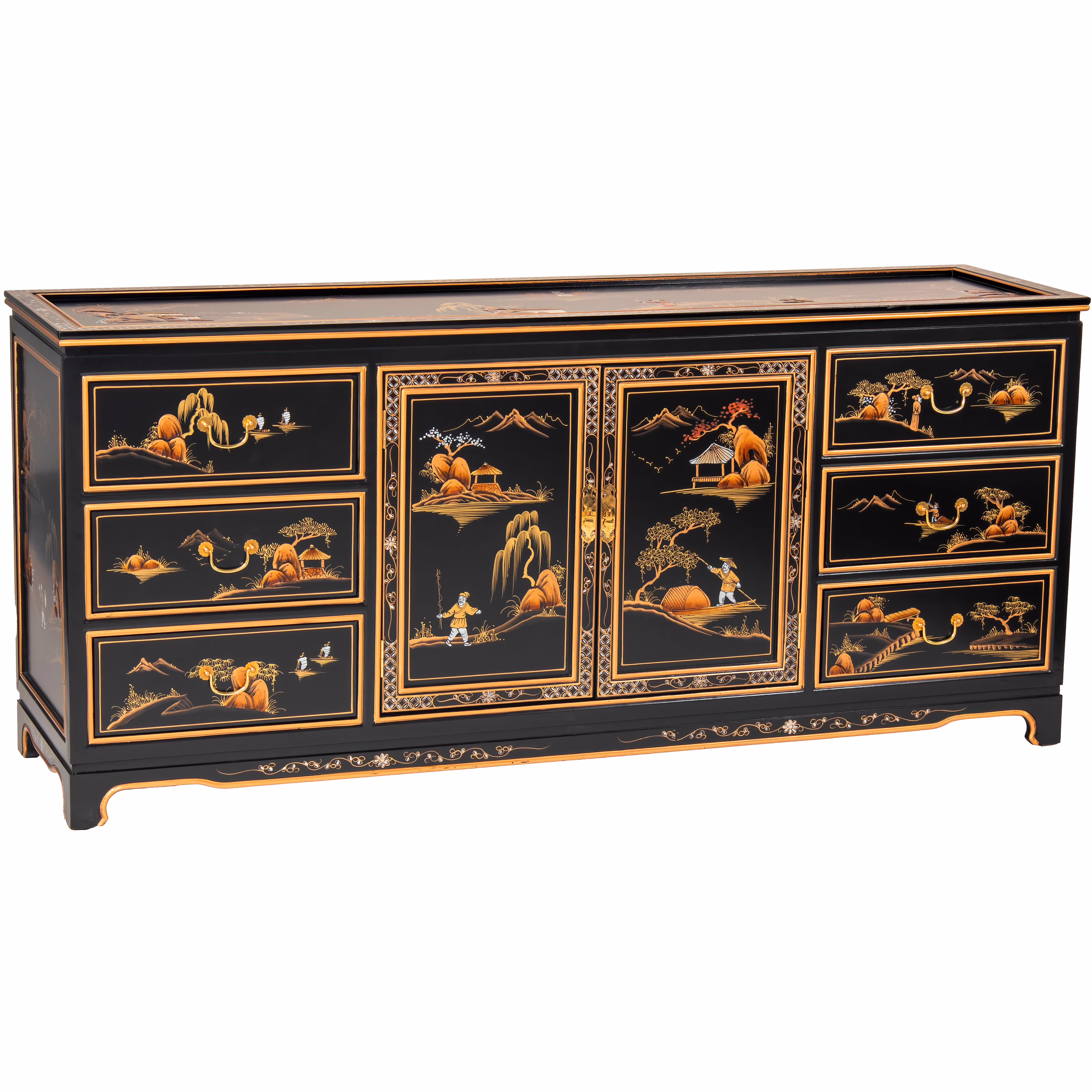 Oriental Furniture Black Lacquer Dresser - Landscape