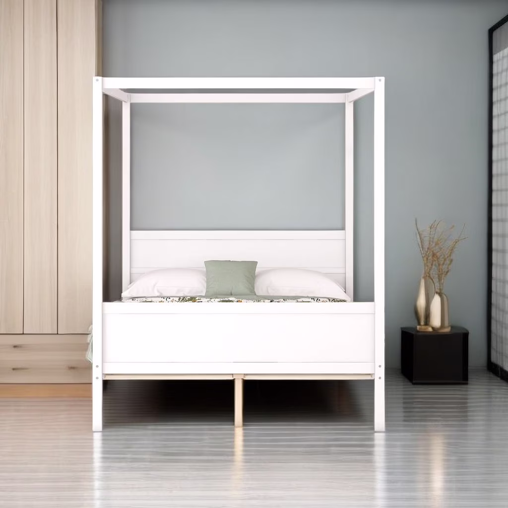 Queen Size Canopy Bed Frame, Wooden Queen Platform Bed with Headboard, Slat Support and Footboard, No Box Spring Needed