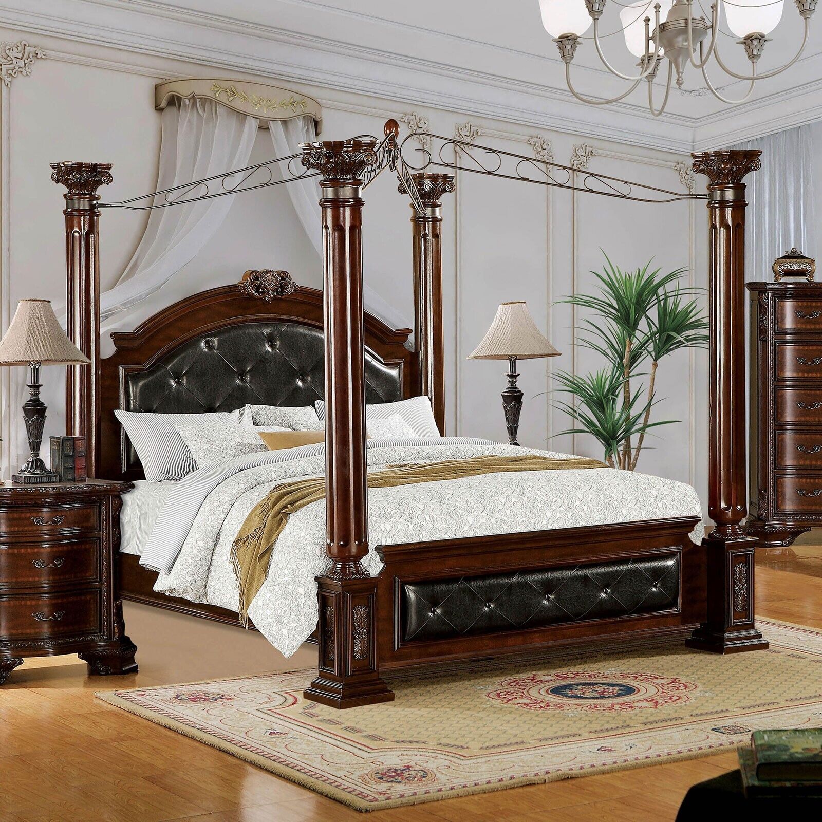 Formal Traditional 1pc Queen Size Bed w Canopy Posters Solidwood Leatherette Tufted HB FB Brown Cherry Bedroom Furniture