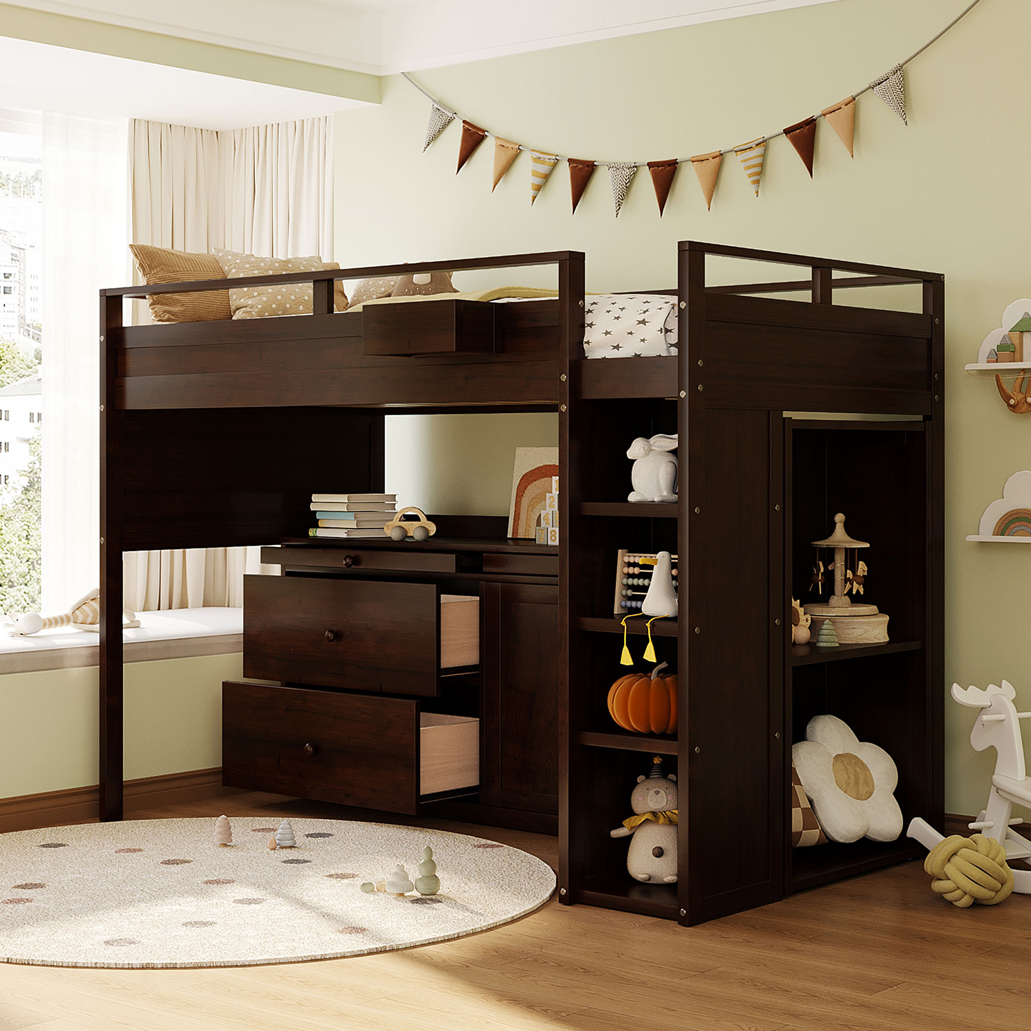 Churanty Twin Size Loft Bed with Desk and Rolling Cabinet Solid Wood Bed Frame for Kids Teens Adults, Espresso
