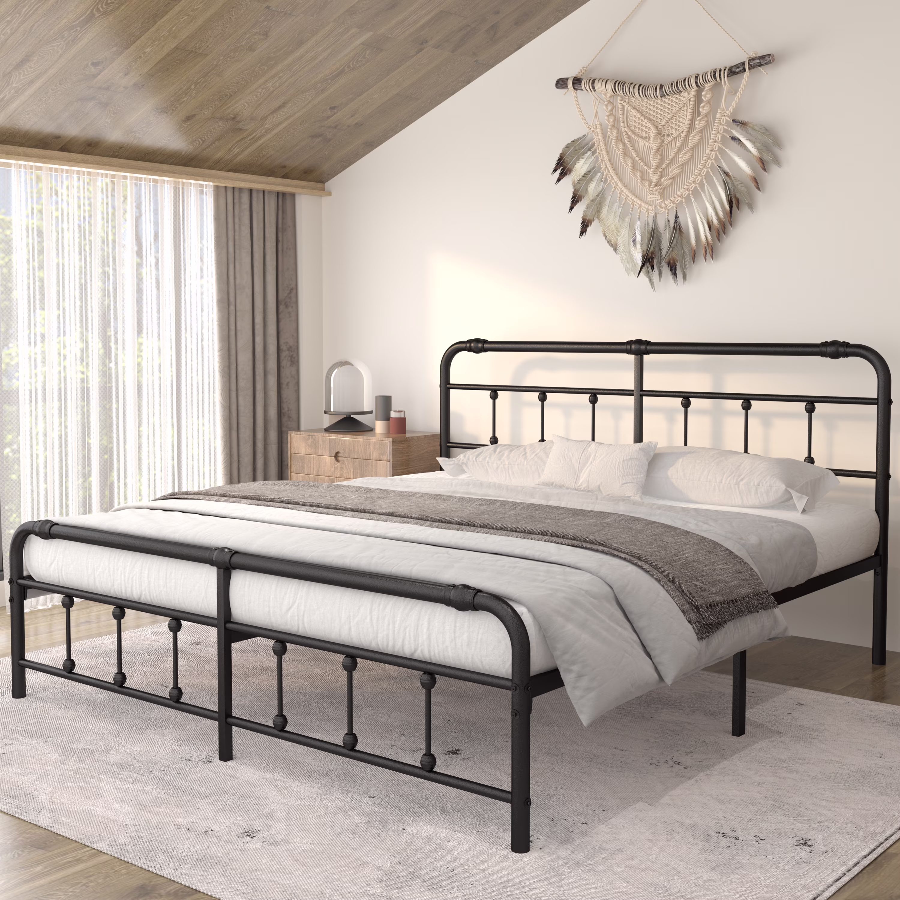 ZIYOO King Size Bed Frame Metal with Headboard No Box Spring Need-Black