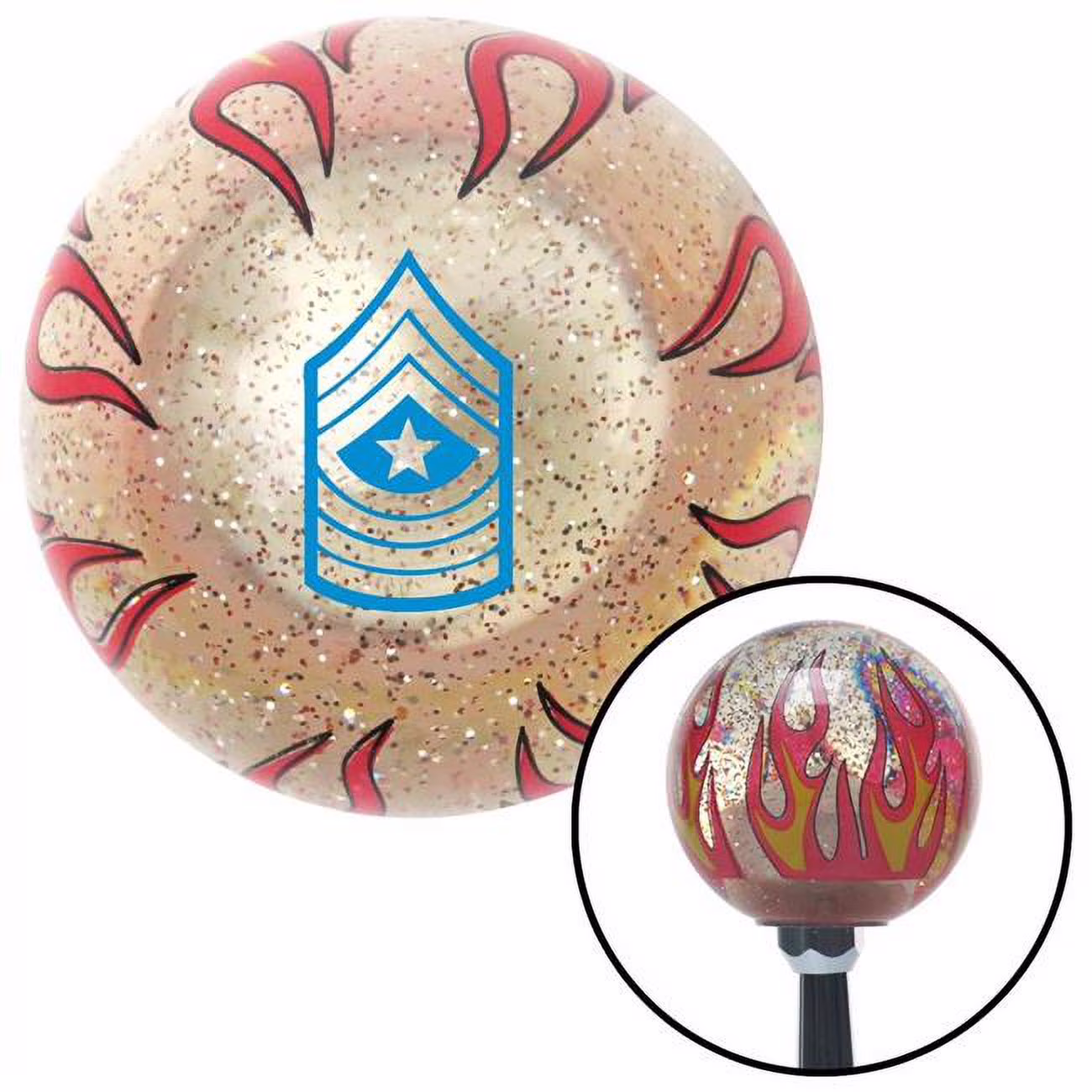 American Shifter  Blue 10 Sergeant Major Clear Flame Metal Flake Shift Knob with M16 x 1.5 Insert Brody