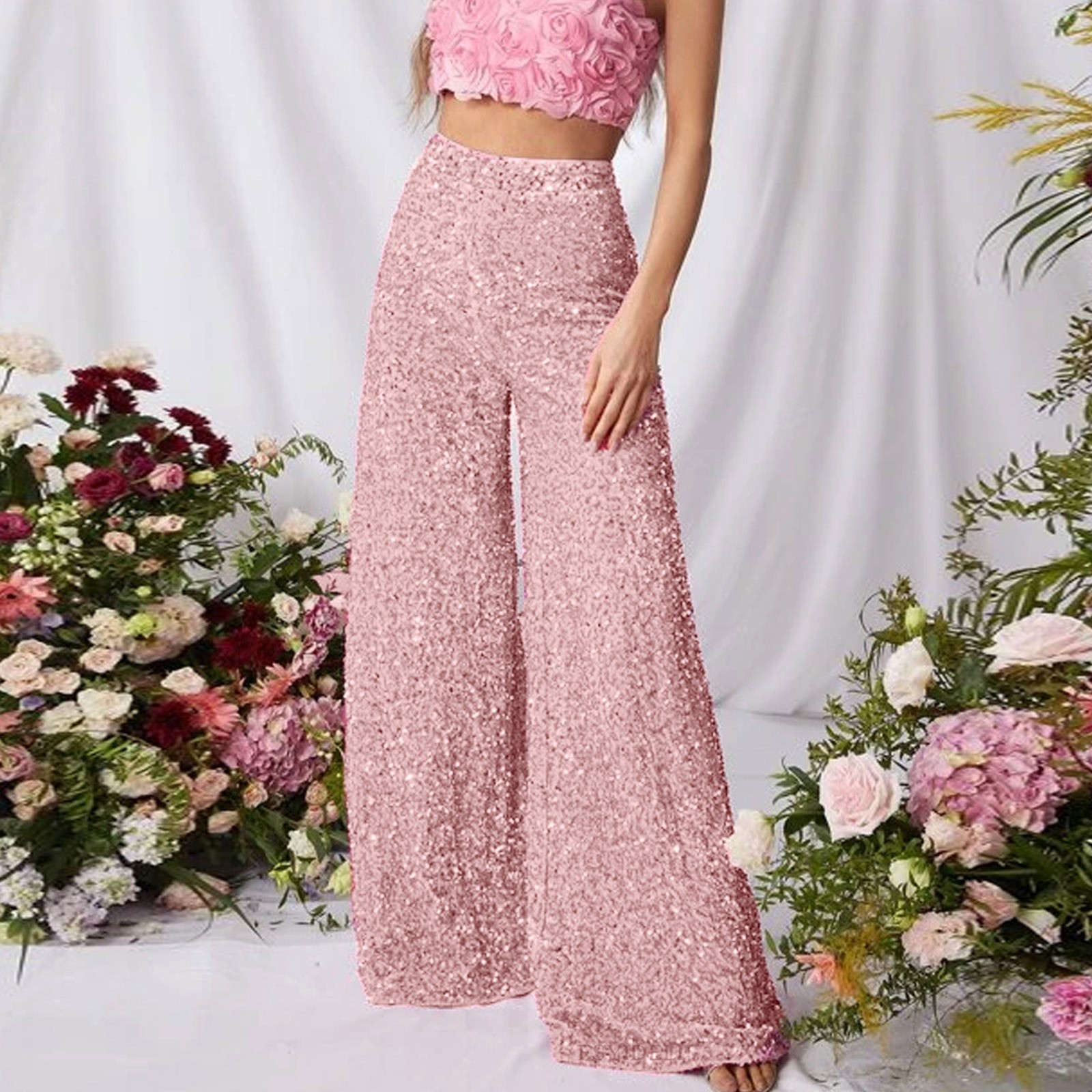 PMUYBHF Loose Pants for Women High Waist Plus Size Christmas in July Yoga Pants Flare Plus Women's Fashion Autumn and Winter Casual Pure Color Sequins High Waist Wide Leg Trousers