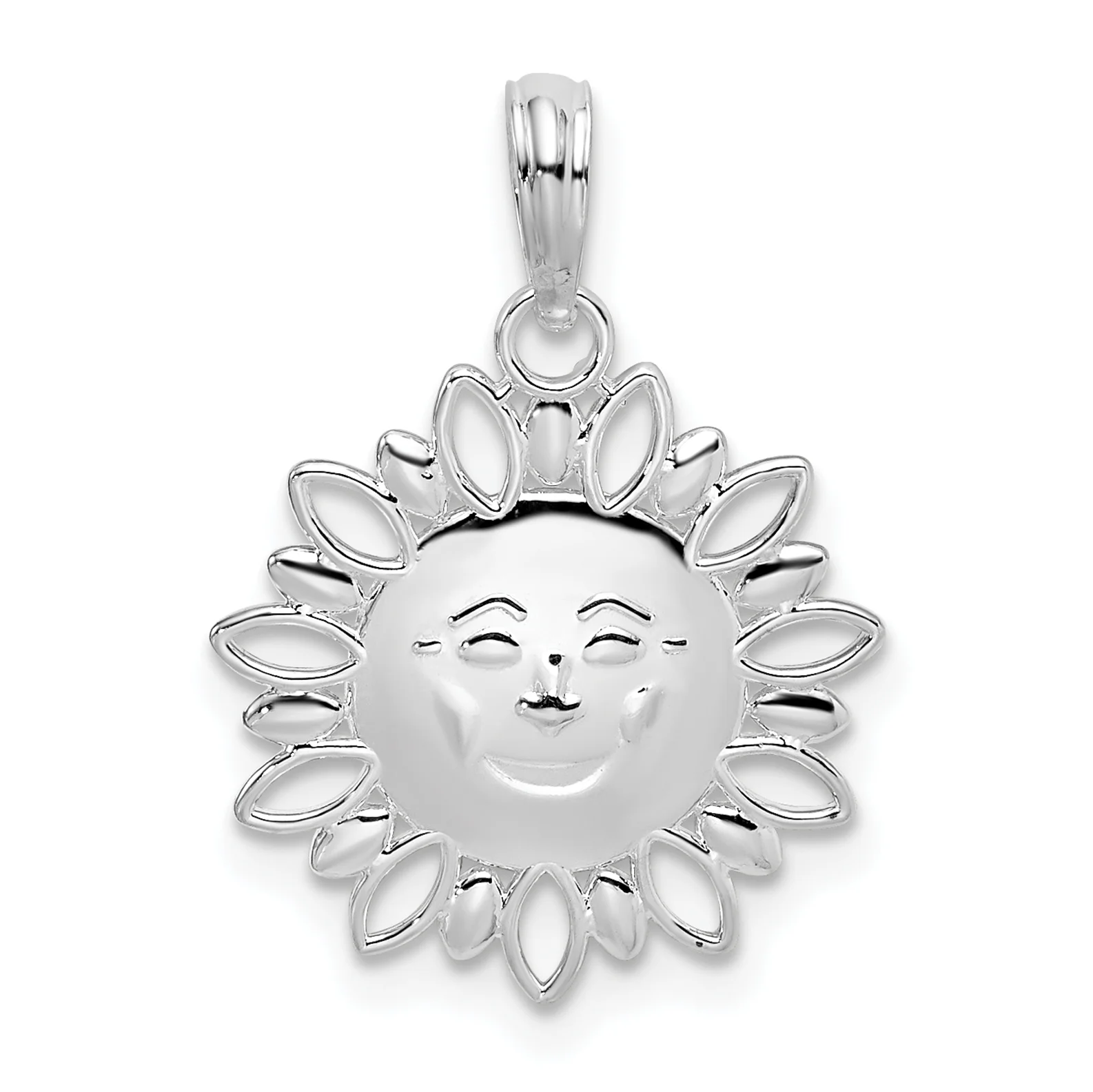 Carat in Karats Sterling Silver Polished Finish Smiling Sun Charm Pendant (17 mm x 15.8 mm) With Sterling Silver Rope Chain Necklace 16''