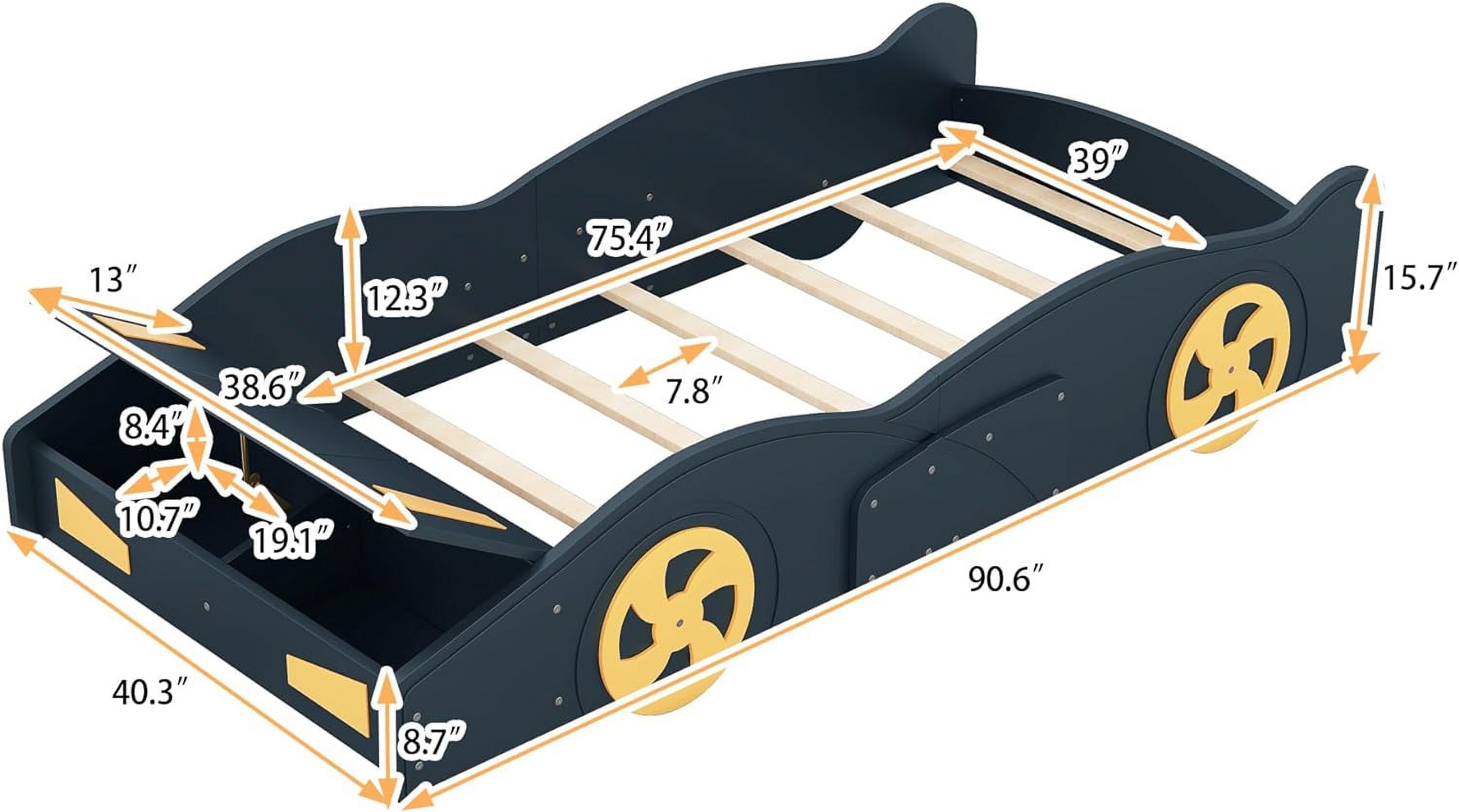 Size Race Car Bed Wih Sorage, Wood Plaform Bed Frame Wih Wheels Ad Suppor Slas, Kids Bed I Race Car-Shaped For Boys Girls ees, Dark Blue