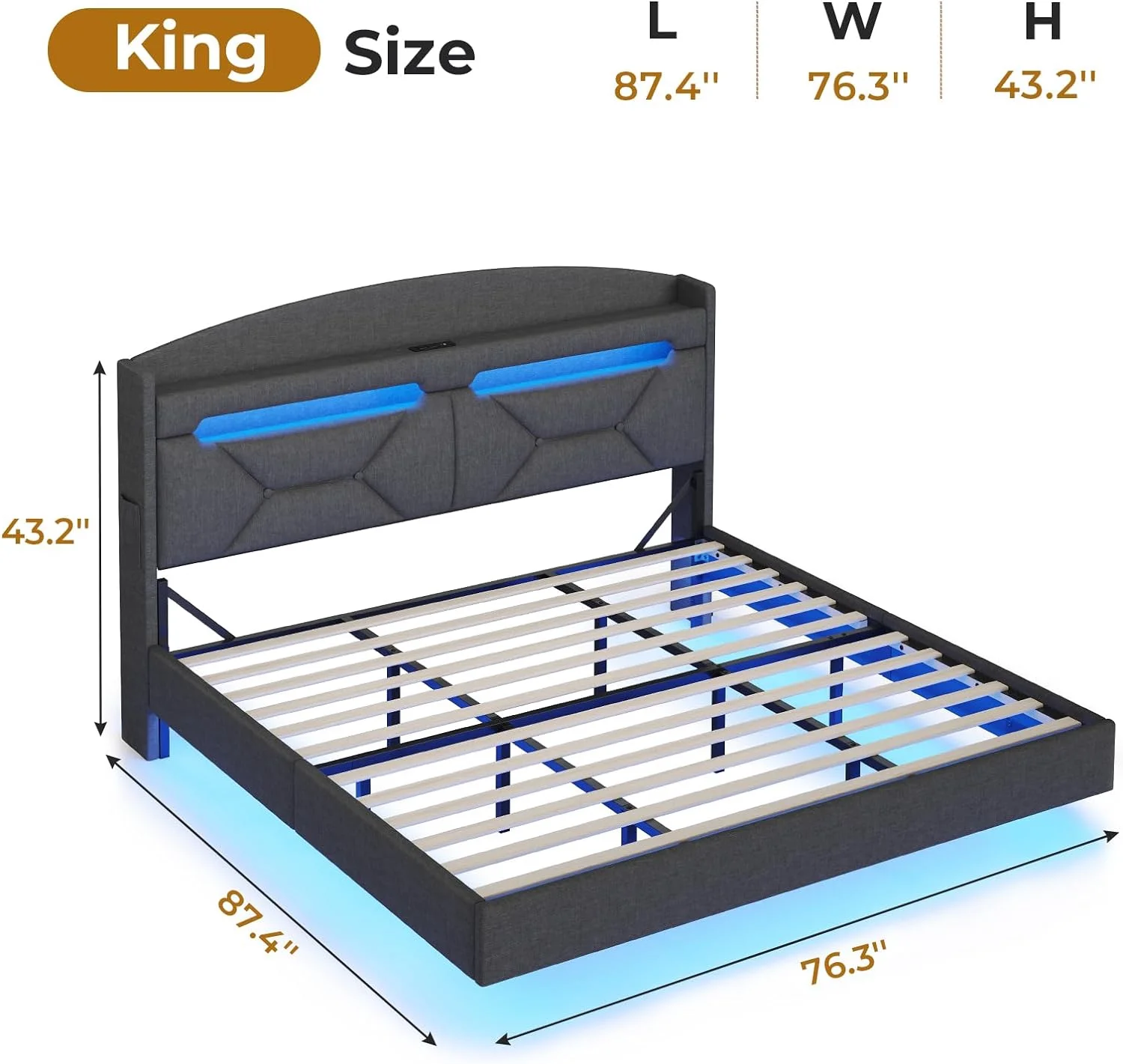 King Size Floating Bed Frame with LED Lights&Type-C Charging Station, Upholstered Platform Bed with Storage Headboard, No Box Spring Needed, Dark Gray