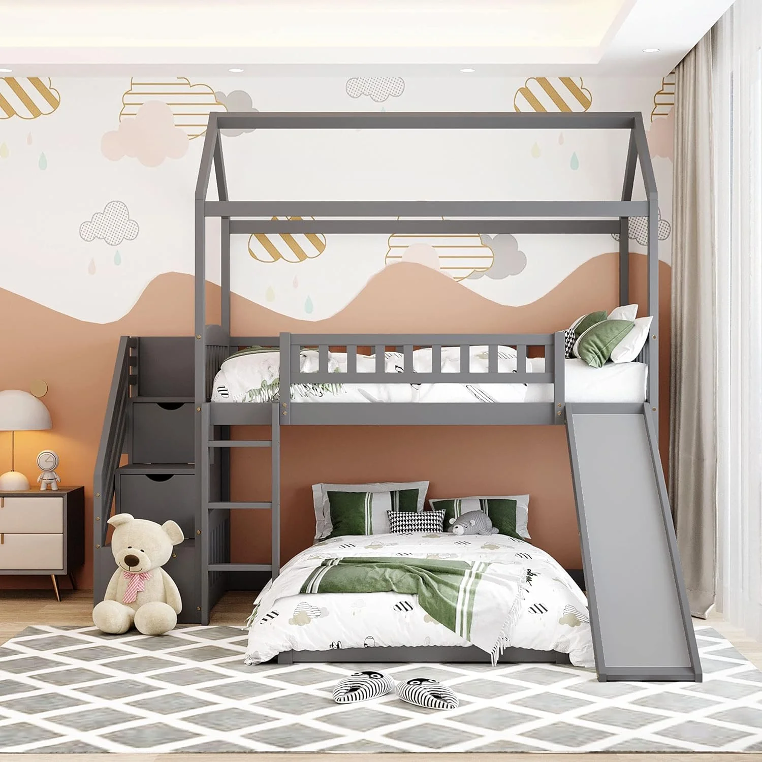Kids Bunk Bed With Slide, Cabin Bunk Bed With Stairs, House Over Bunk Bed With Storage Drawers, Bunk Low House Bed For Toddlers Girls Boys(Grey)