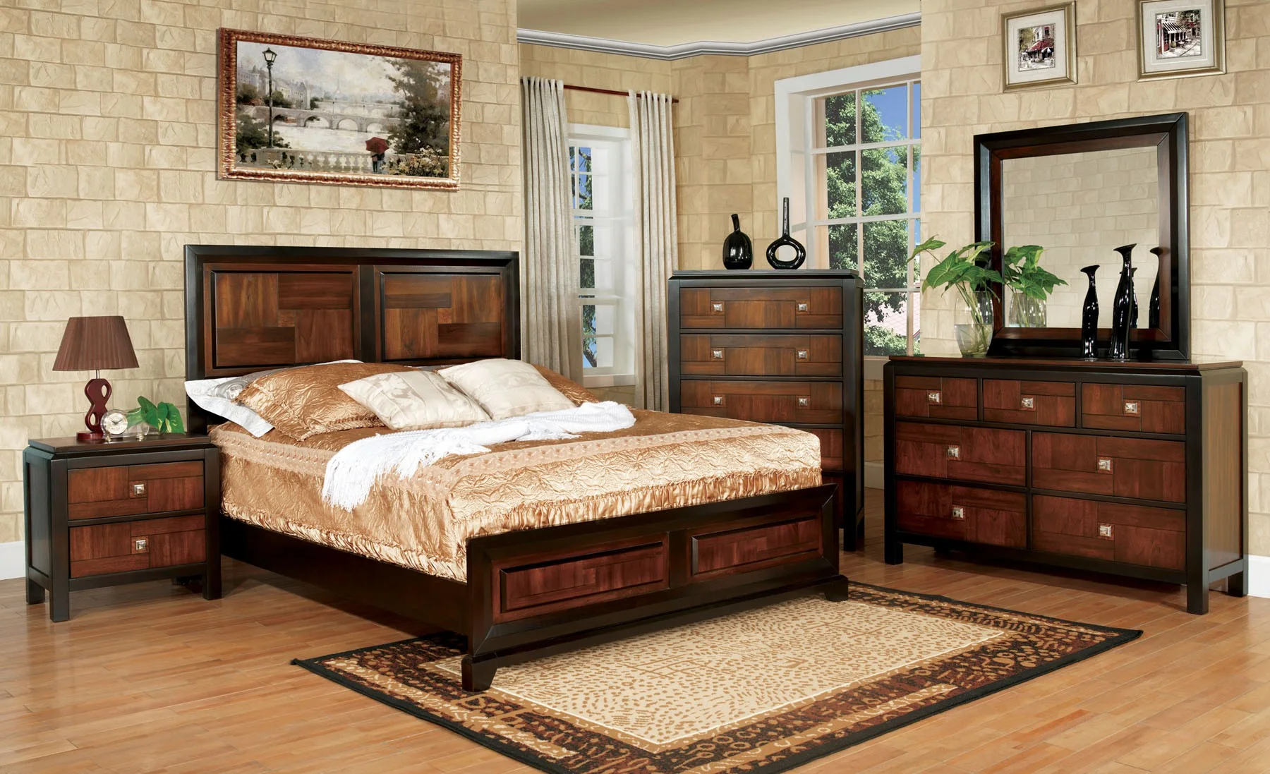 6pc Bedroom Furniture Set Eastern King Size Bed Dresser Mirror 2x Nightstands Chest Gorgeous Two Tone Walnut Solid wood Acacia